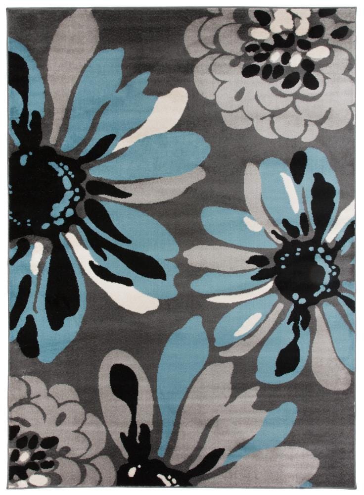 Blue Floral Synthetic 5' x 7' Reversible Area Rug