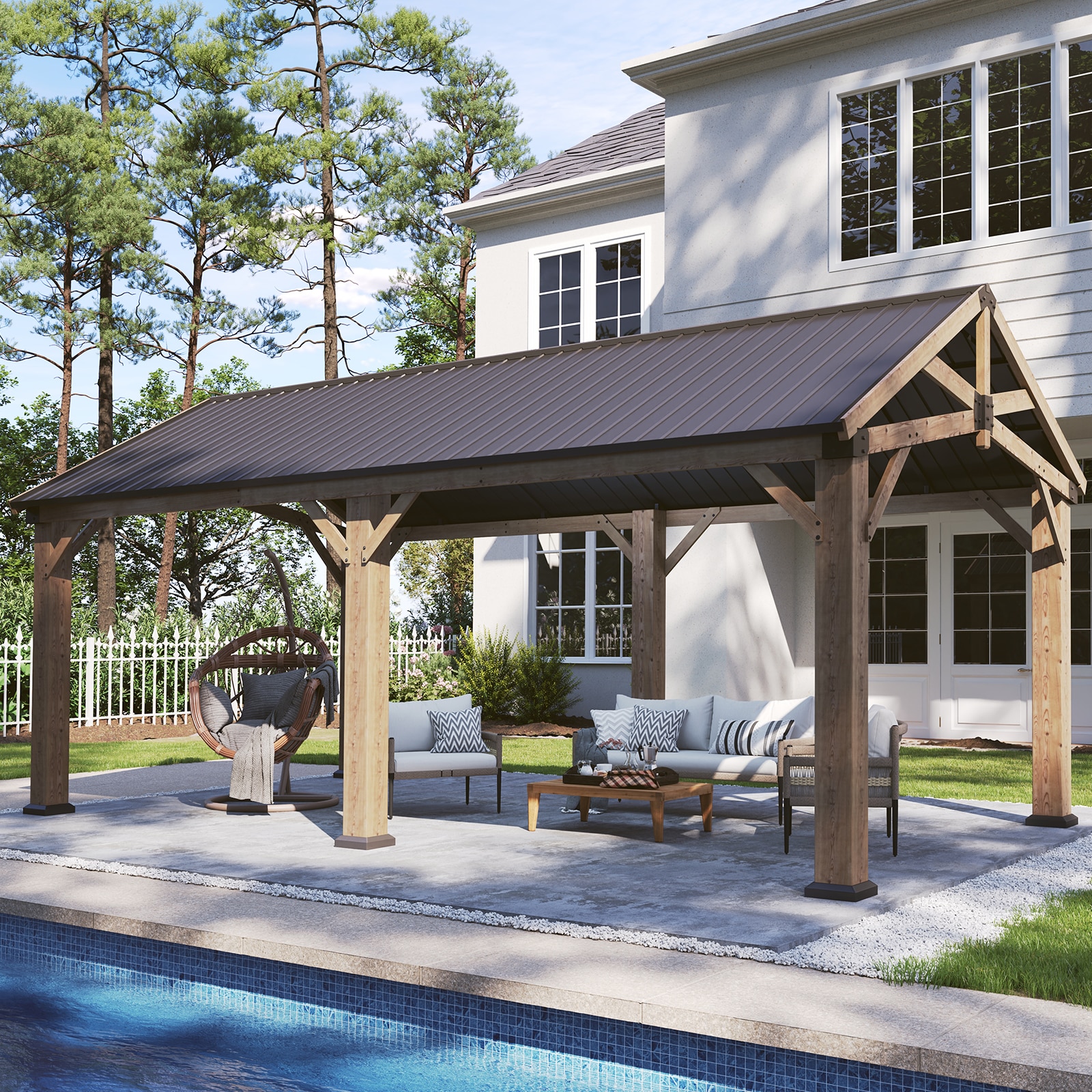AOXUN AX-413L30 20-ft x 12-ft Outdoor Gazebos Brown Gazebo with Hardtop Roof