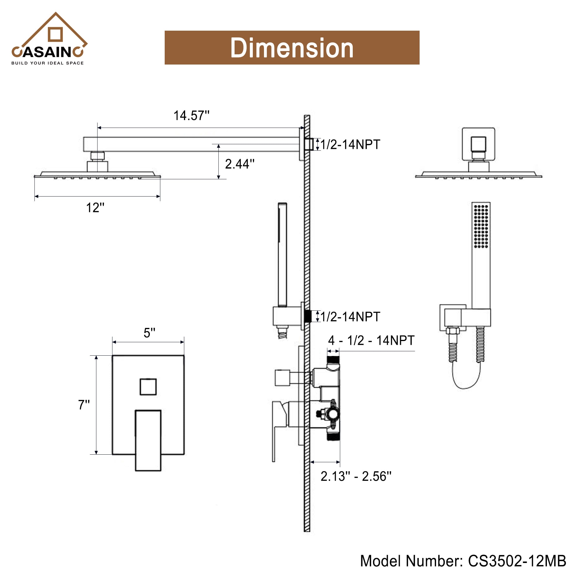 CASAINC CS3502-12MB Showerhead-Bar-Panels - View #5