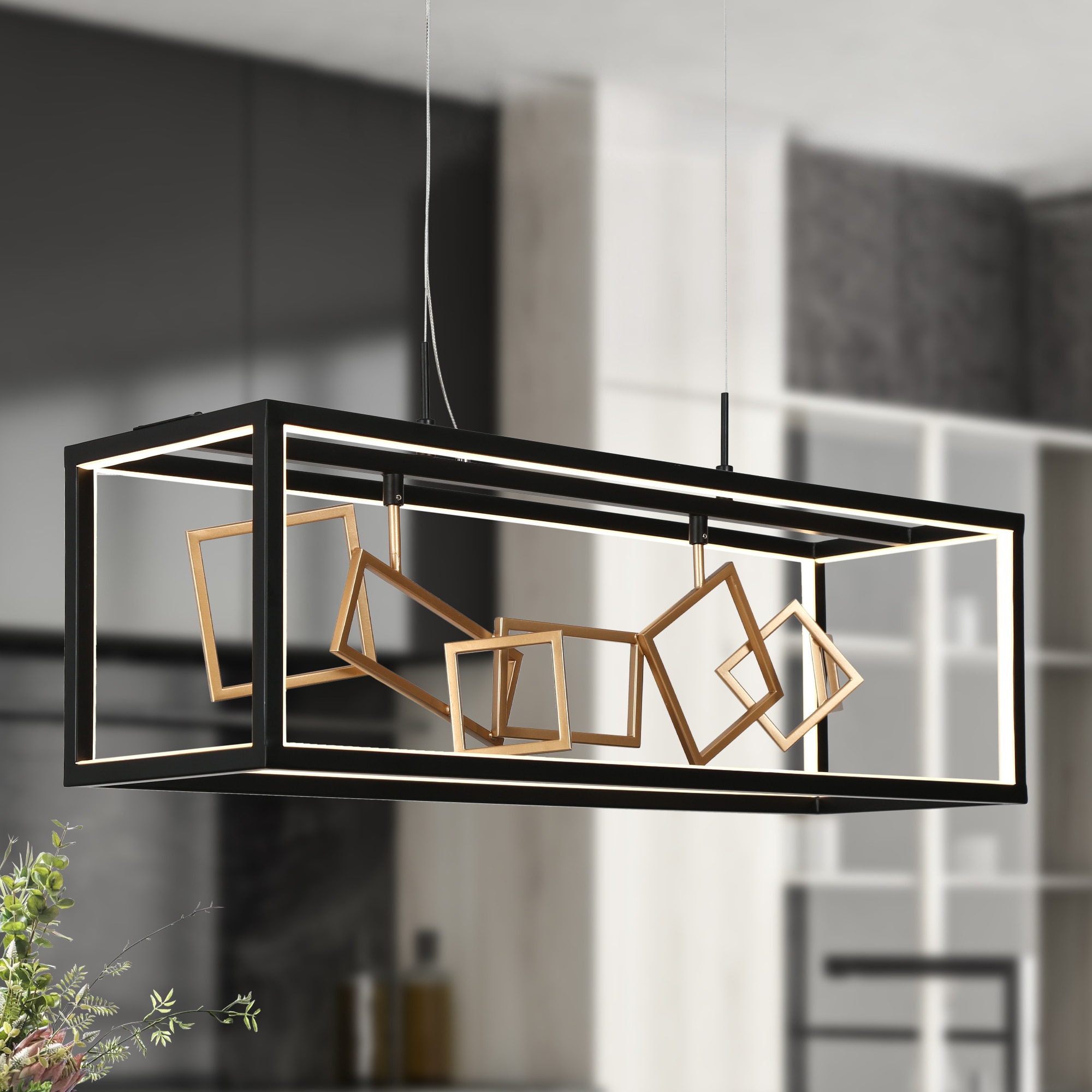 LNC HA05057 Safranner 8 -Light Matte Black and Satin Gold Modern/contemporary Linear Integrated LED Large Hanging Kitchen island light