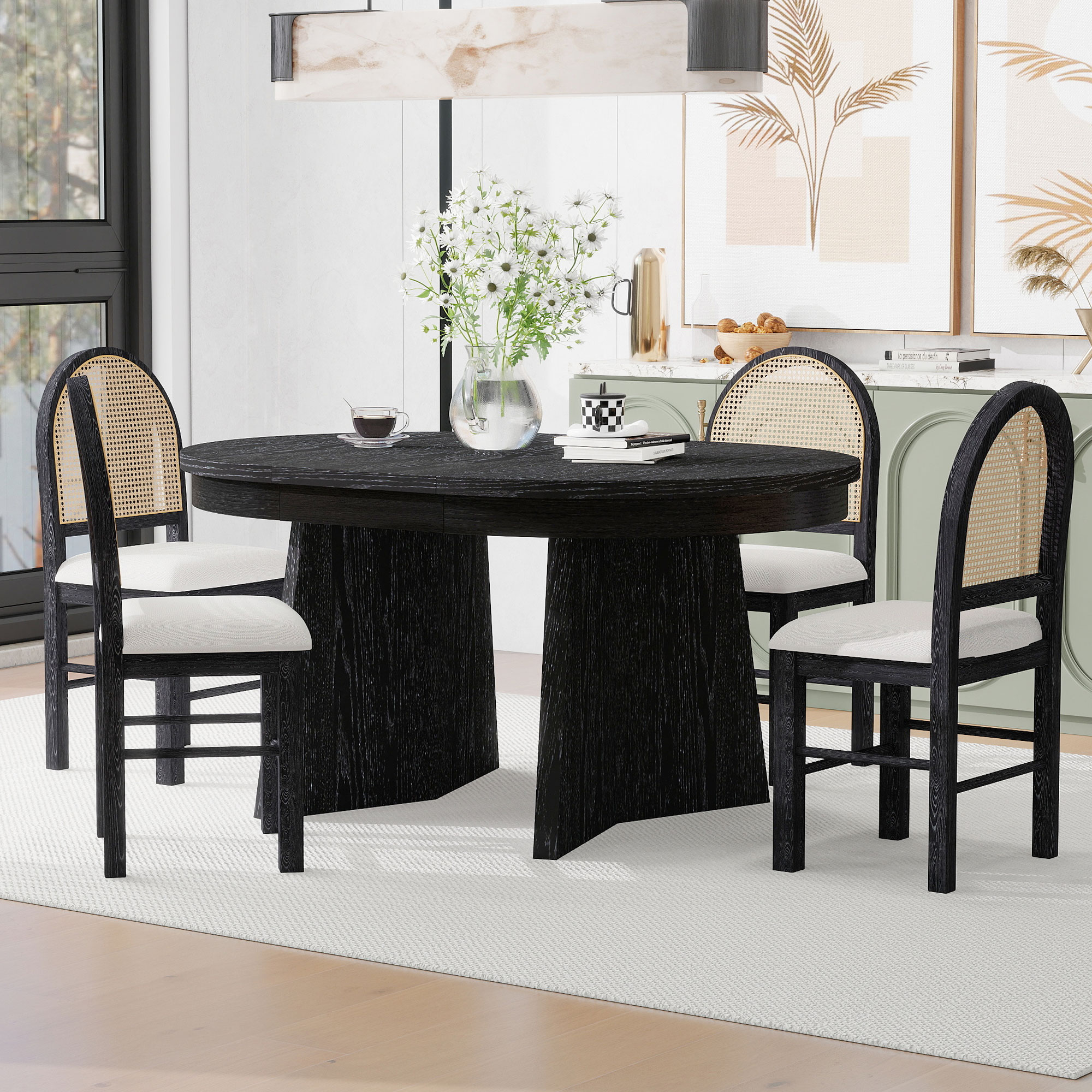 ModernLuxe ST000140AAP 5Piece Round Dining Table Set for 4 Retro Extendable dining table set with 4 Upholstered Chairs Kitchen Table and Chairs Set for Dining Room and Kitchen Espresso