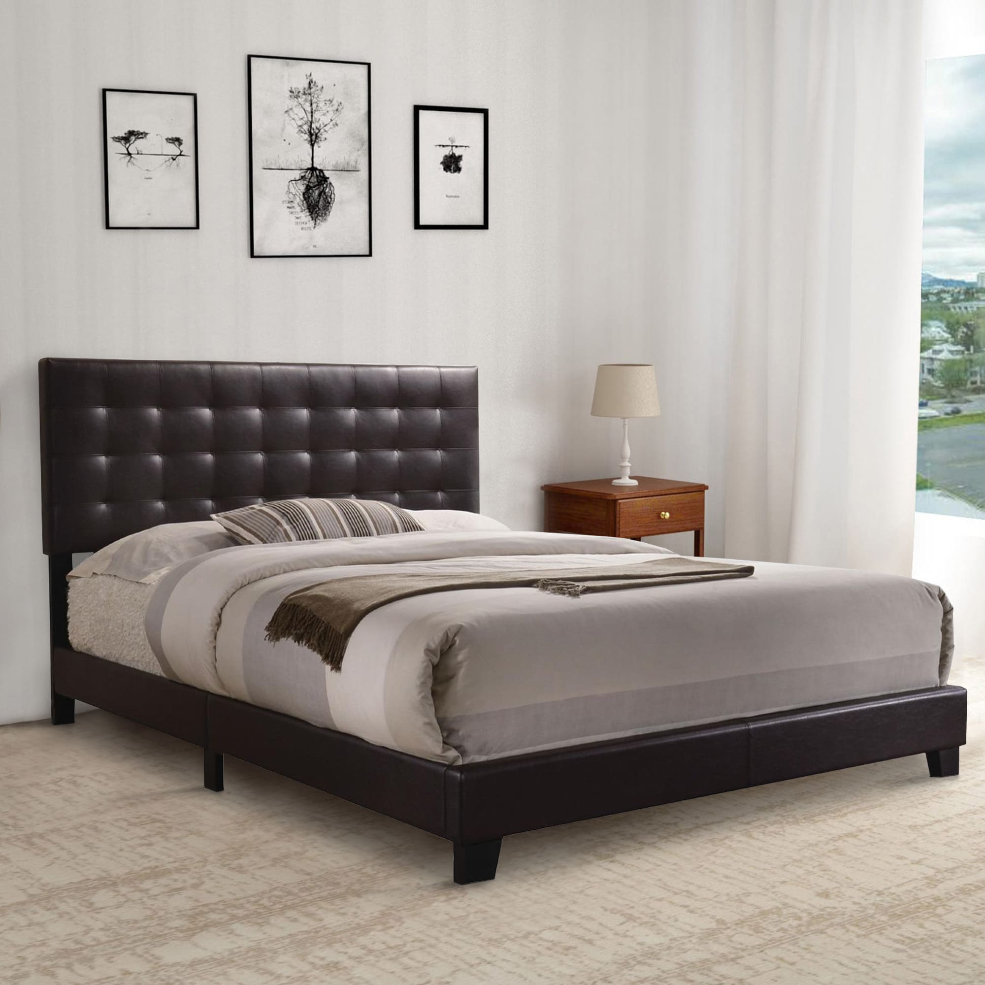 Benzara Brown Queen Wood Upholstered Bed In The Beds Department At ...