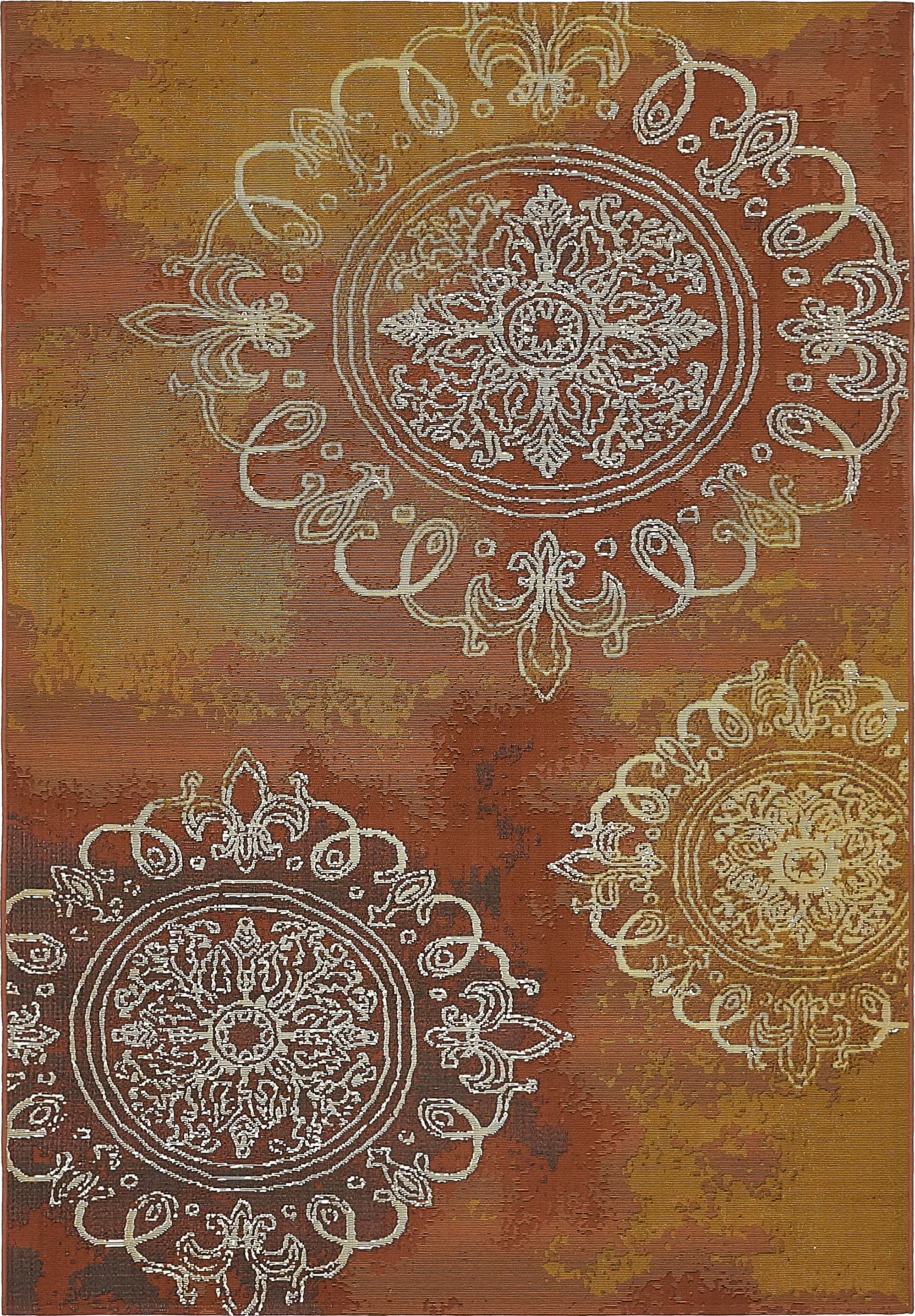 Rust Red and Gold Medallion Easy-Care Outdoor Rug - 5'3" x 8'