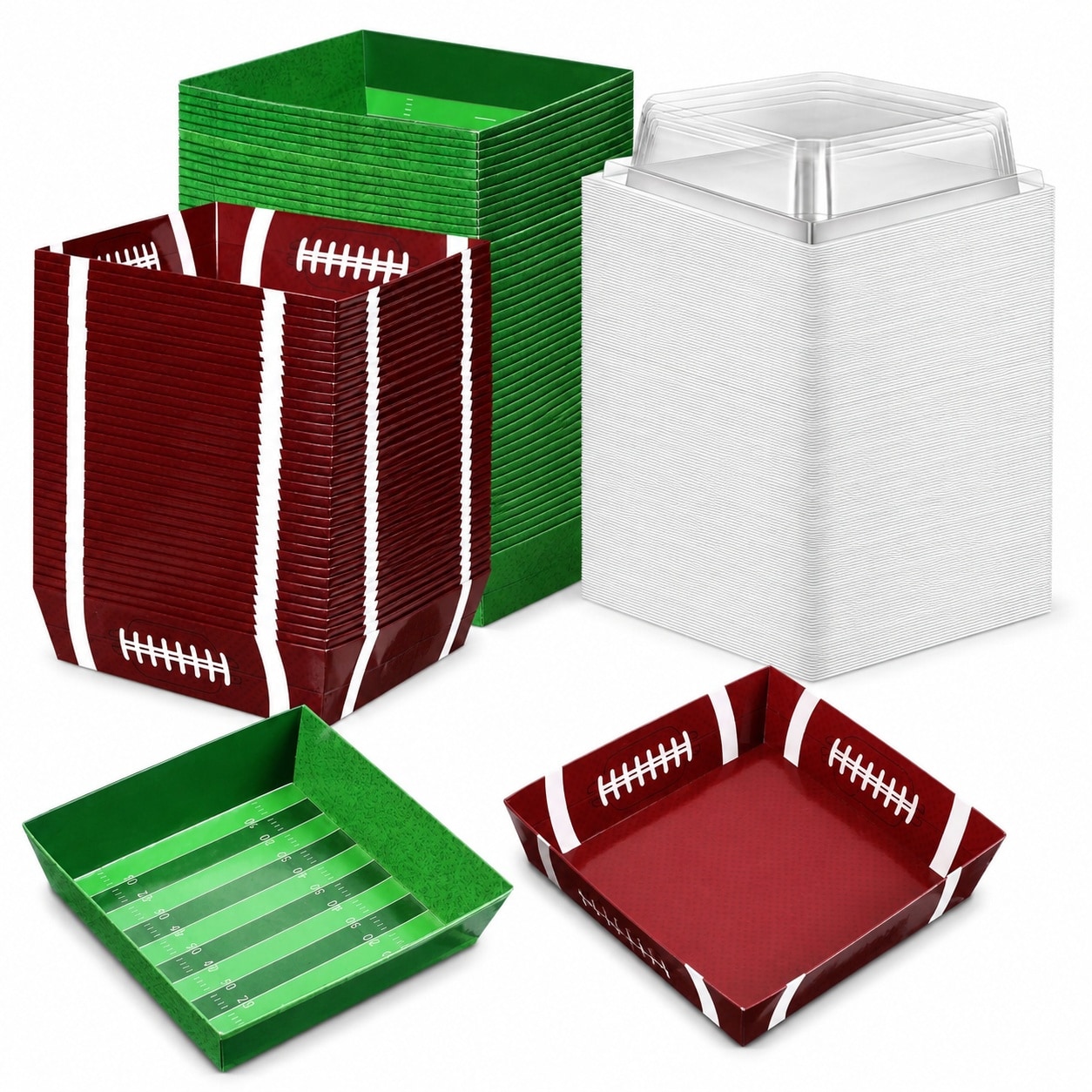 Aoibox  100 Pack Football Theme Disposable Paper Treat Boxes with Clear Lids Rope Handles and Cards for Unit