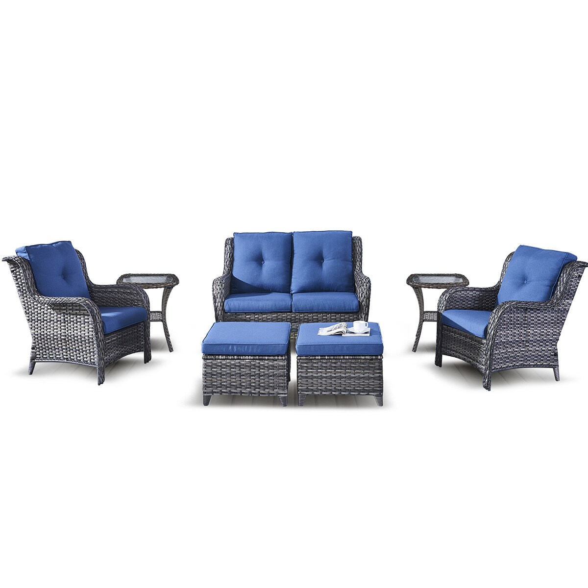 Rilyson FS039026X2017016-1 7 -Piece Wicker Patio Conversation Set with Blue Cushions