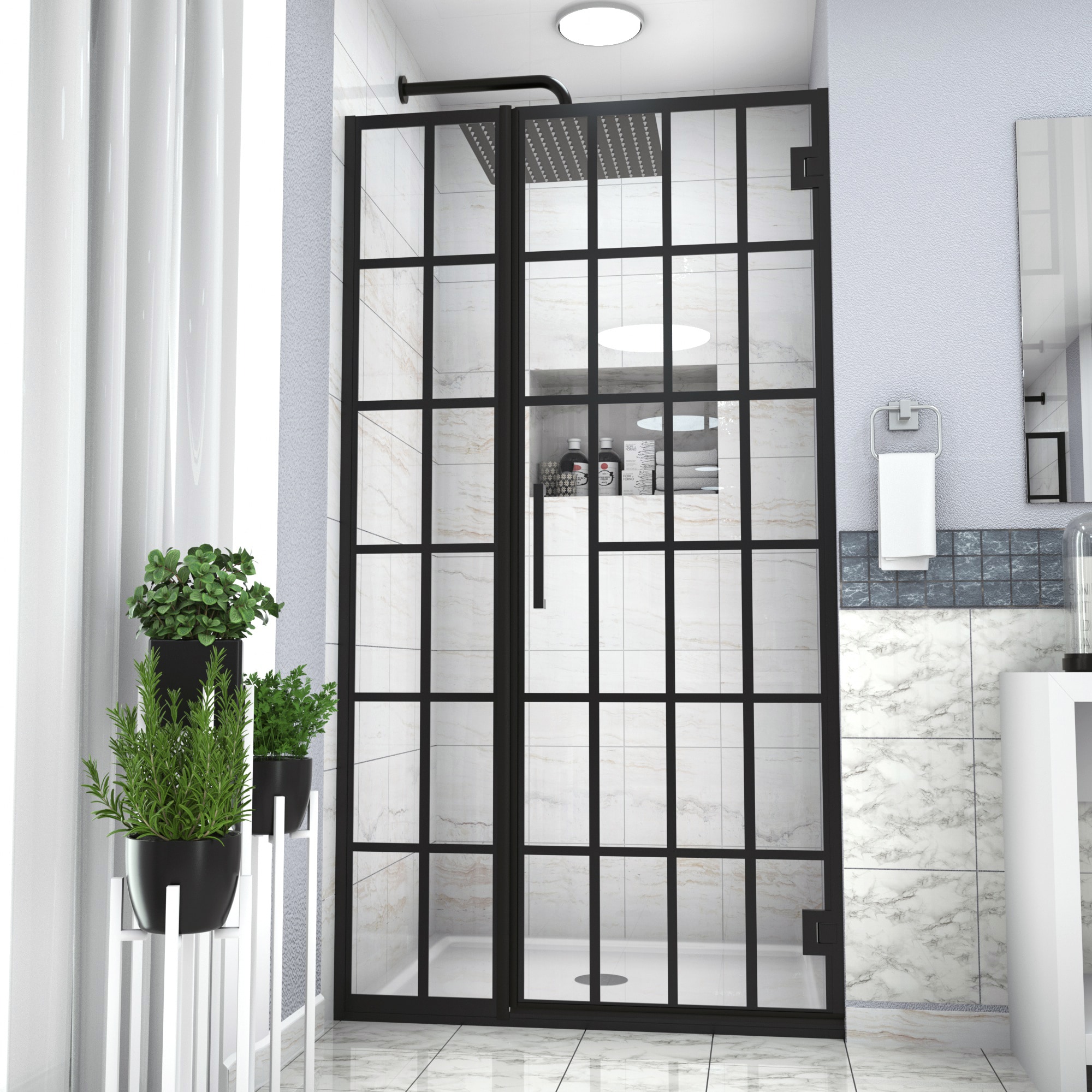 Tatayosi P1-24366448 Shower Door 40 W x 72 H Inches Pivot Frameless Shower Door with Pattern Glass 2/5 in (10mm) Open Entry Design in Matte Black