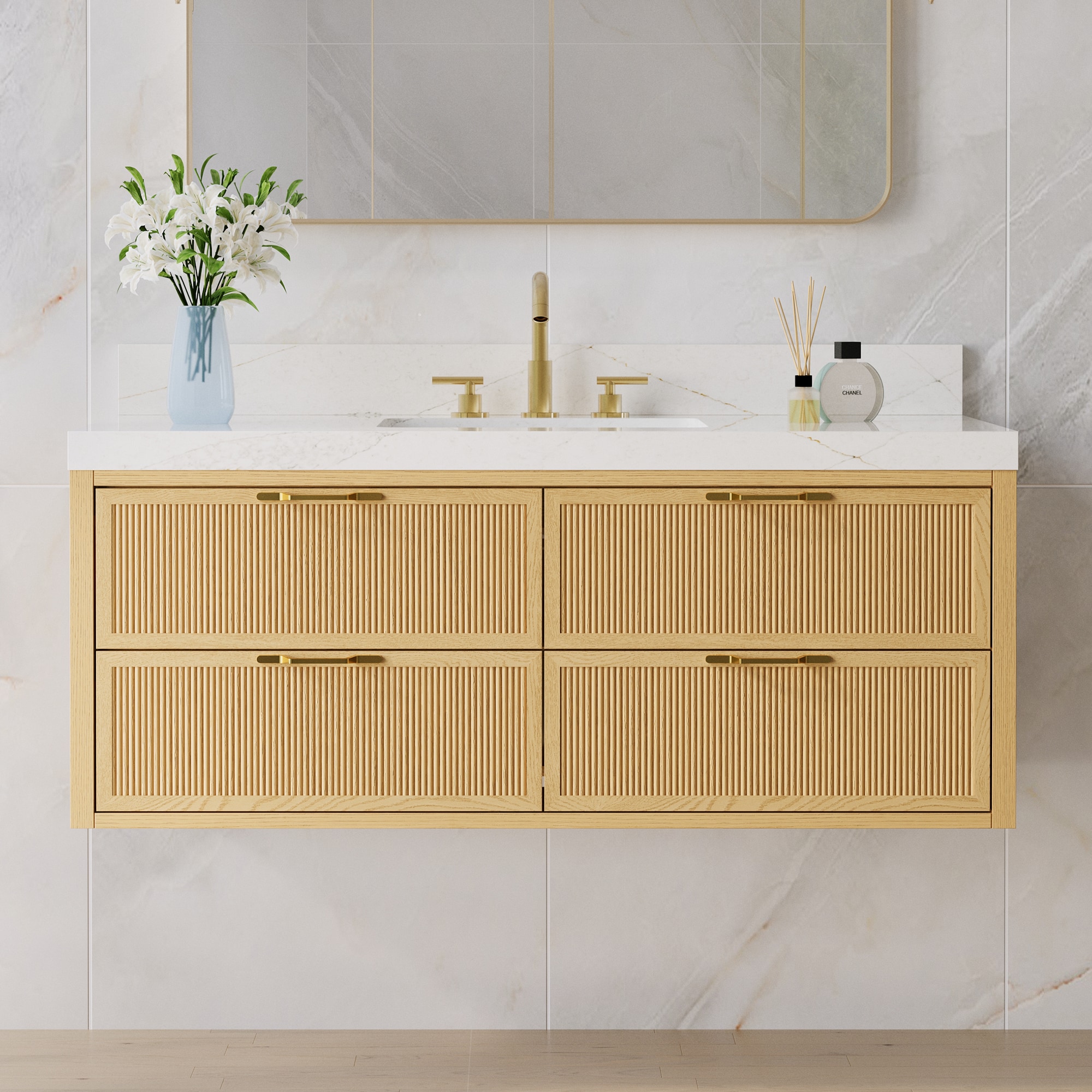 Forclover Fully Assembled Oak Undermount Single Sink Bathroom Vanity with White Quartz Top