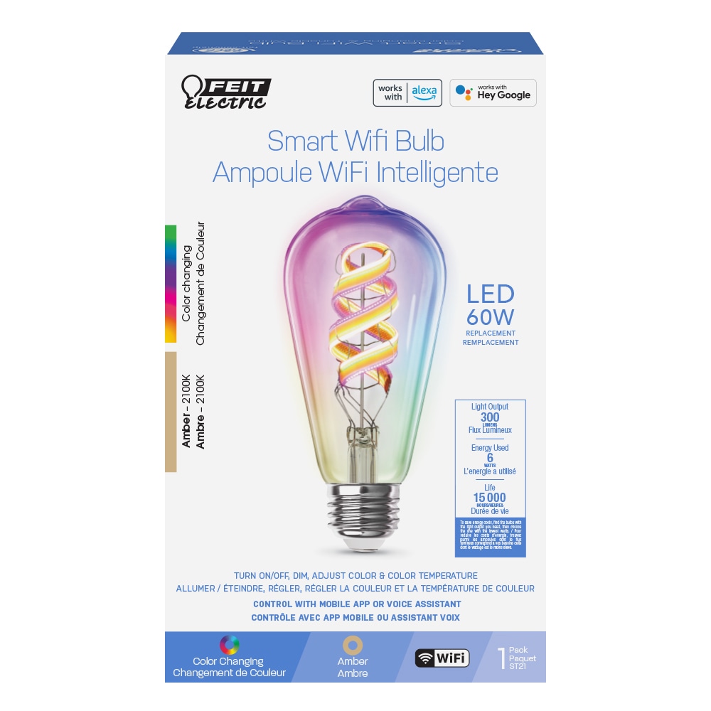 Feit Electric Smart Edison WiFi Bulbs, RGBW Multicolor, 2.4GHz No Hub  Required, App Control, Dimmable, ST21 LED Filament Smart Bulb, 4 Pack