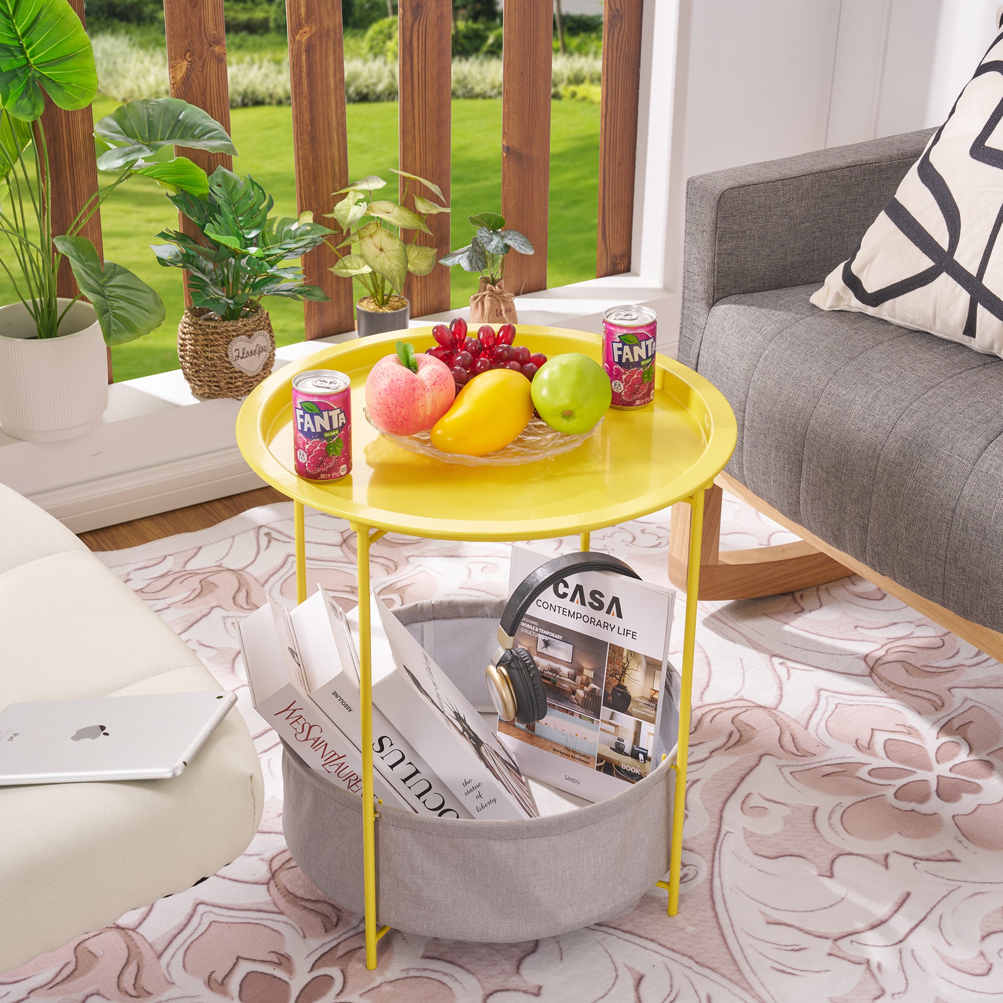 Vecelo LOE-XJM-MD02-YEW Metal Round Side Table Anti-Rust End Table with Fabric Storage Basket And Removable Tray Top Yellow Nightstand