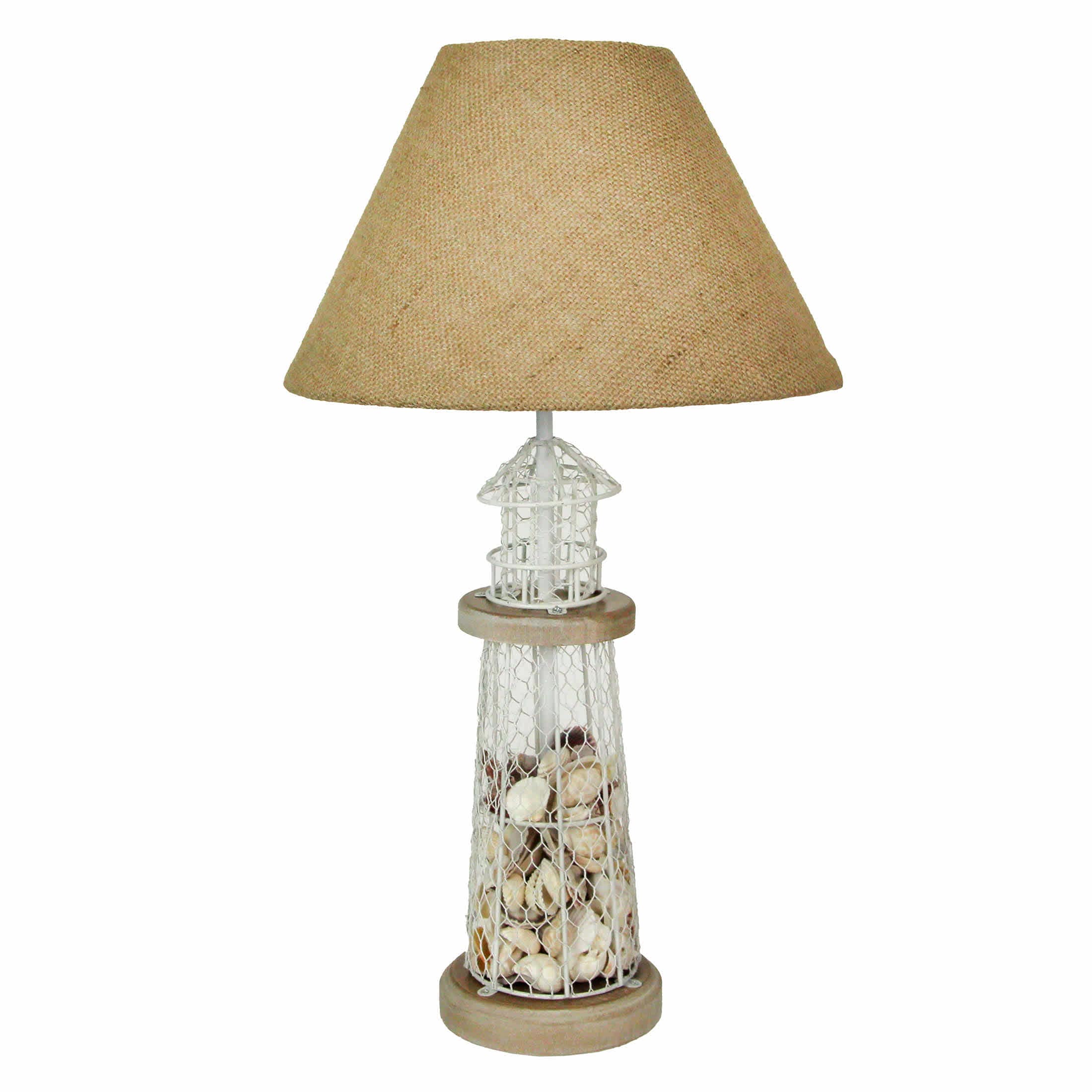 Zeckos ZKO-39291 White and Grey Seashell-Filled Lighthouse Table Lamp - Coastal Nautical Decor Accent with Rustic Burlap Shade- 21.5 Inches High- Perfect for Beach-Themed Rooms