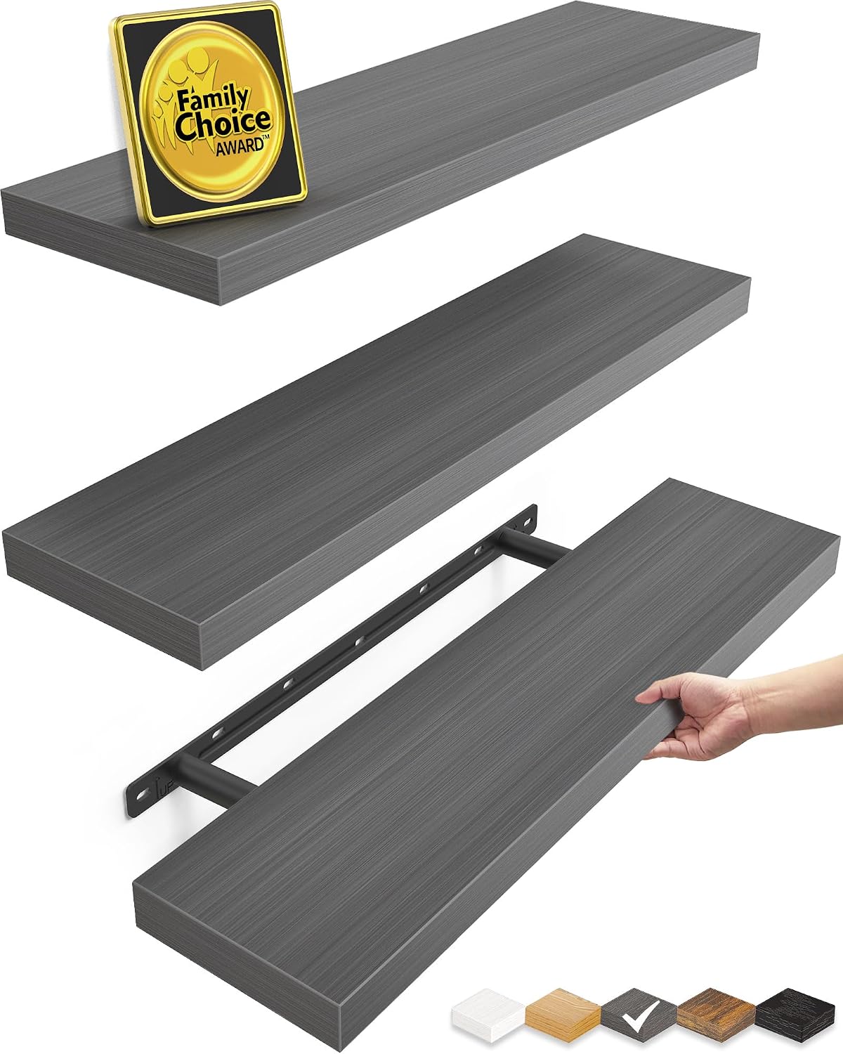 SPACELEAD 22.5in Floating Wall Shelves Set of 3 Engineered Wood with Hidden Brackets 22 lb Capacity Grey Finish for Bathroom Bedroom Kitchen and Living Room
