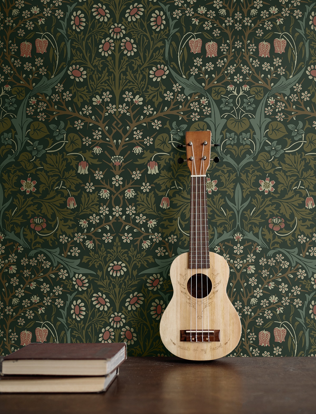 Victorian Garden Green Damask Self-Adhesive Peel and Stick Wallpaper