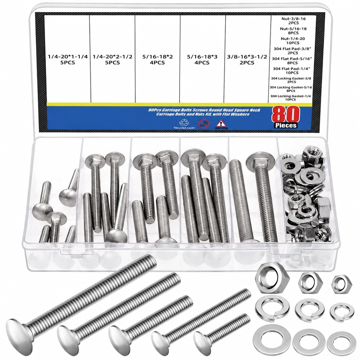 SenQWFa  Carriage Bolts Screws with Nuts and Washers 1/4-20x1-1/4 1/4-20x2-1/2 5/16-18x2 5/16-18x3 3/8-16x3-1/2 Round Head Square Neck Bolts