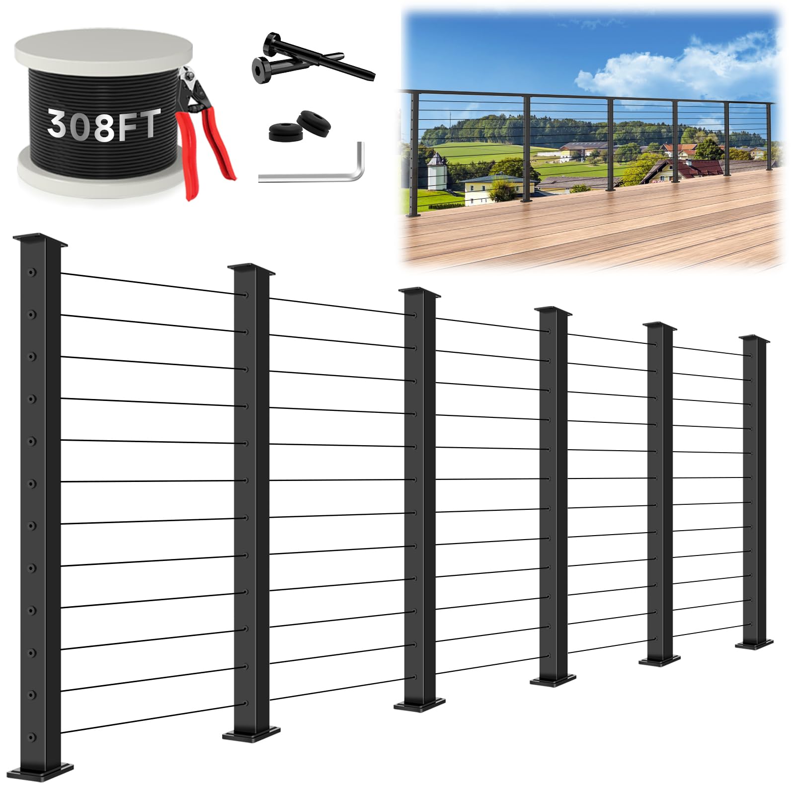 Afoxsos  42 inch 20ft to 24ft Stainless Steel Cable Railing Post Kit with 6 Level Drilled Posts 308ft 1 8 inch Cable Terminals and Grommets with