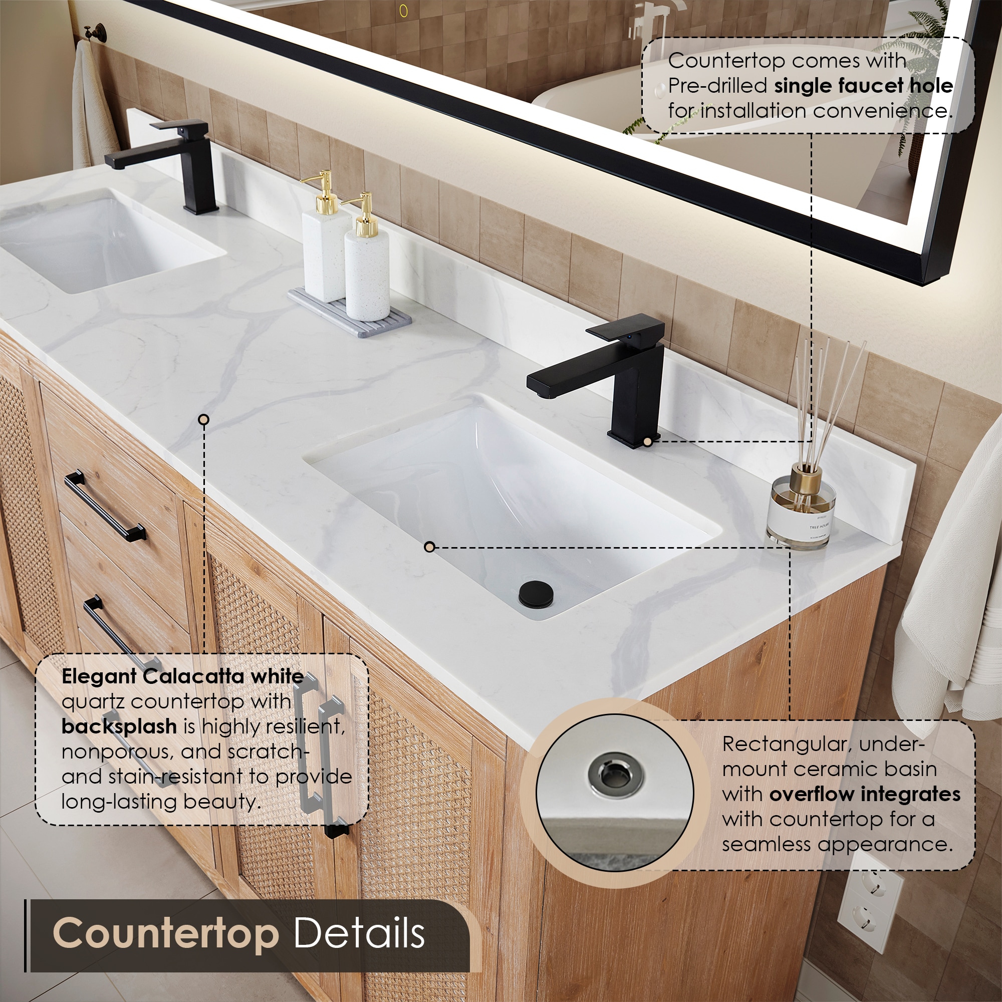 Light Brown Double Sink Freestanding Vanity with Rattan Doors and Quartz Top