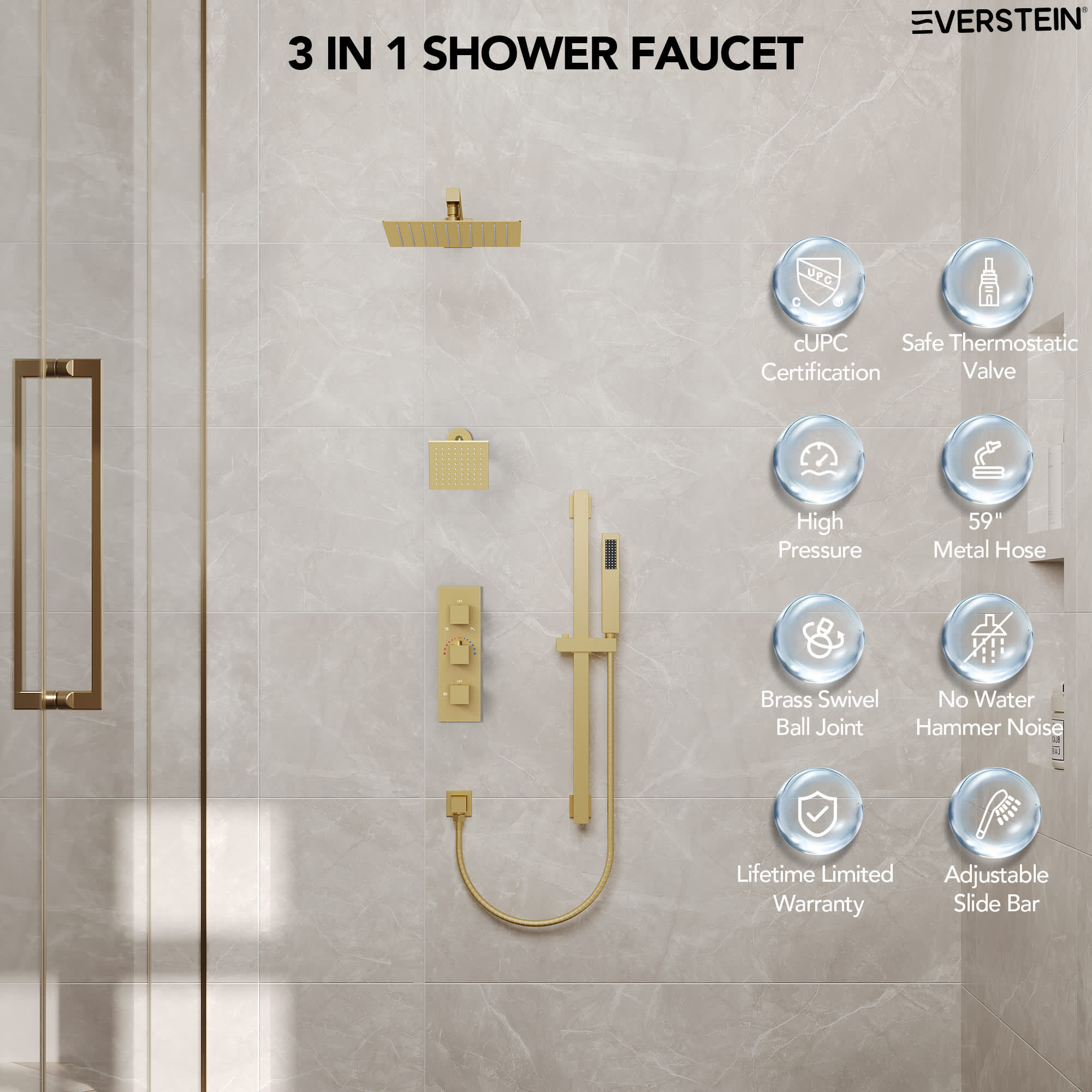 EVERSTEIN SFS-1016A-GD12 Showerhead-Bar-Panels - View #4