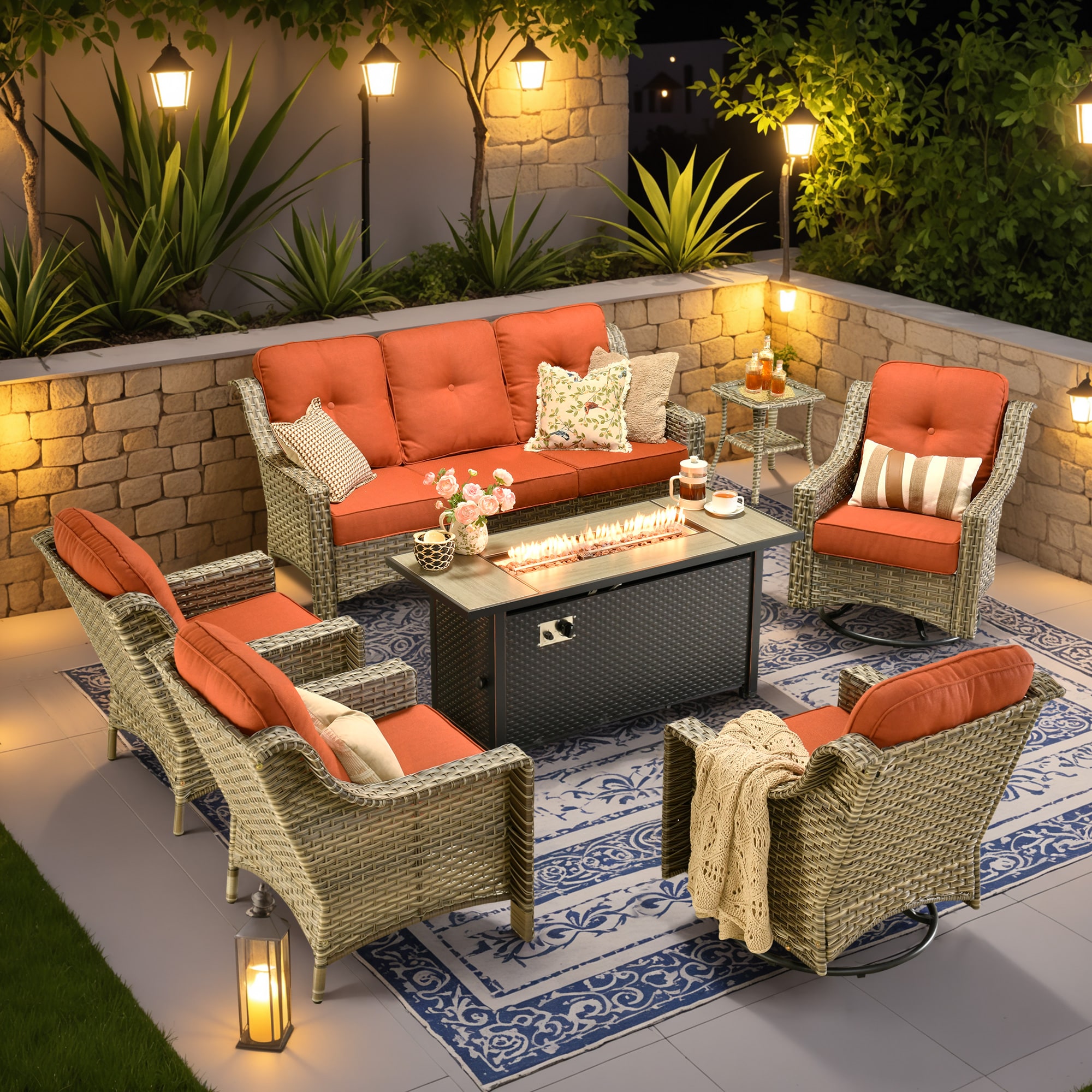 Ovios RFP5PD8C06Y-S 7 -Piece Rattan Patio Sofa Conversation Set with Orange Cushions