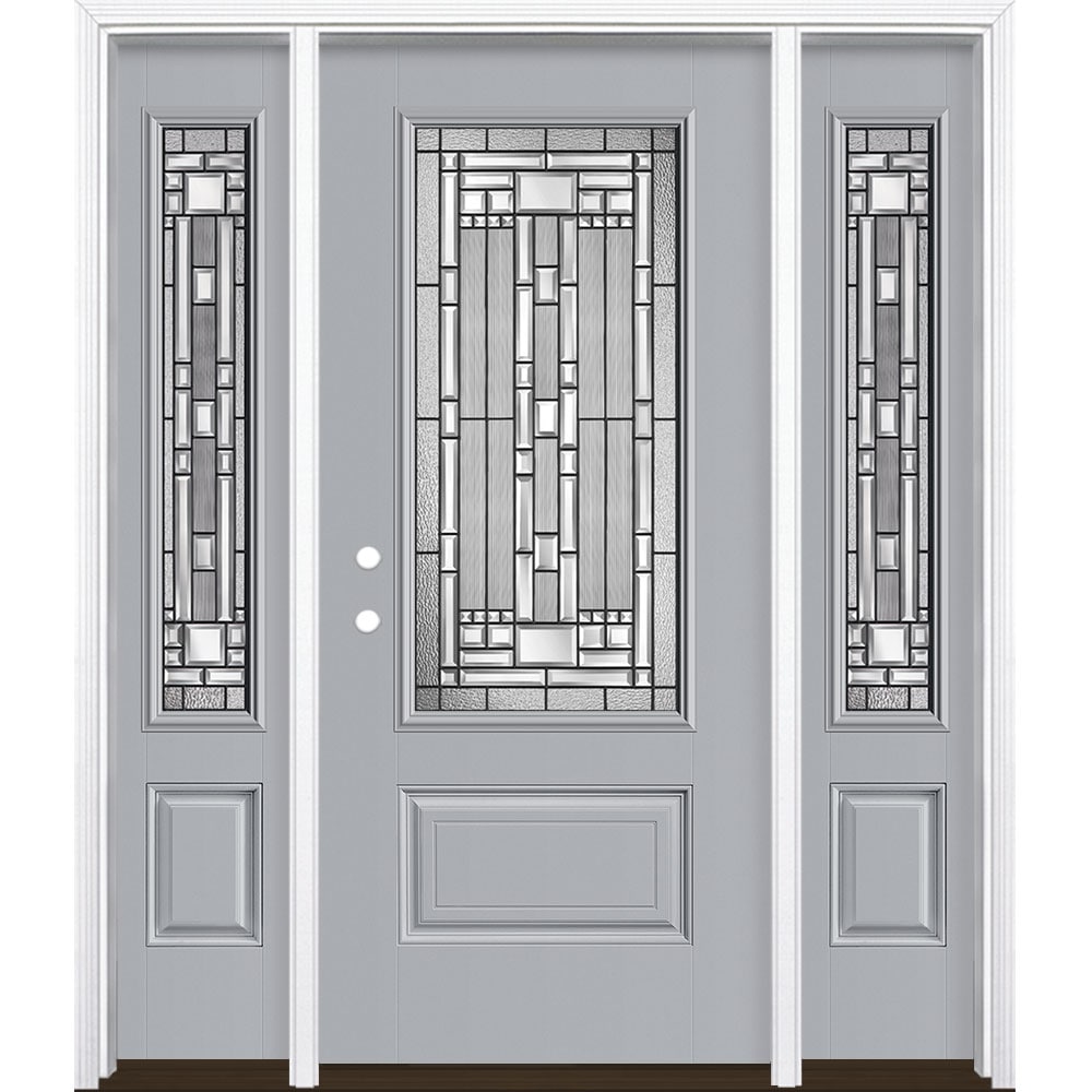 Masonite 3421238 Naples 60-in x 80-in x 4-9/16-in Fiberglass 3/4 lite Right-hand inswing Infinity Gray Painted Prehung Single door with sidelights Front Door with Brickmould Insulating core Decorative glass