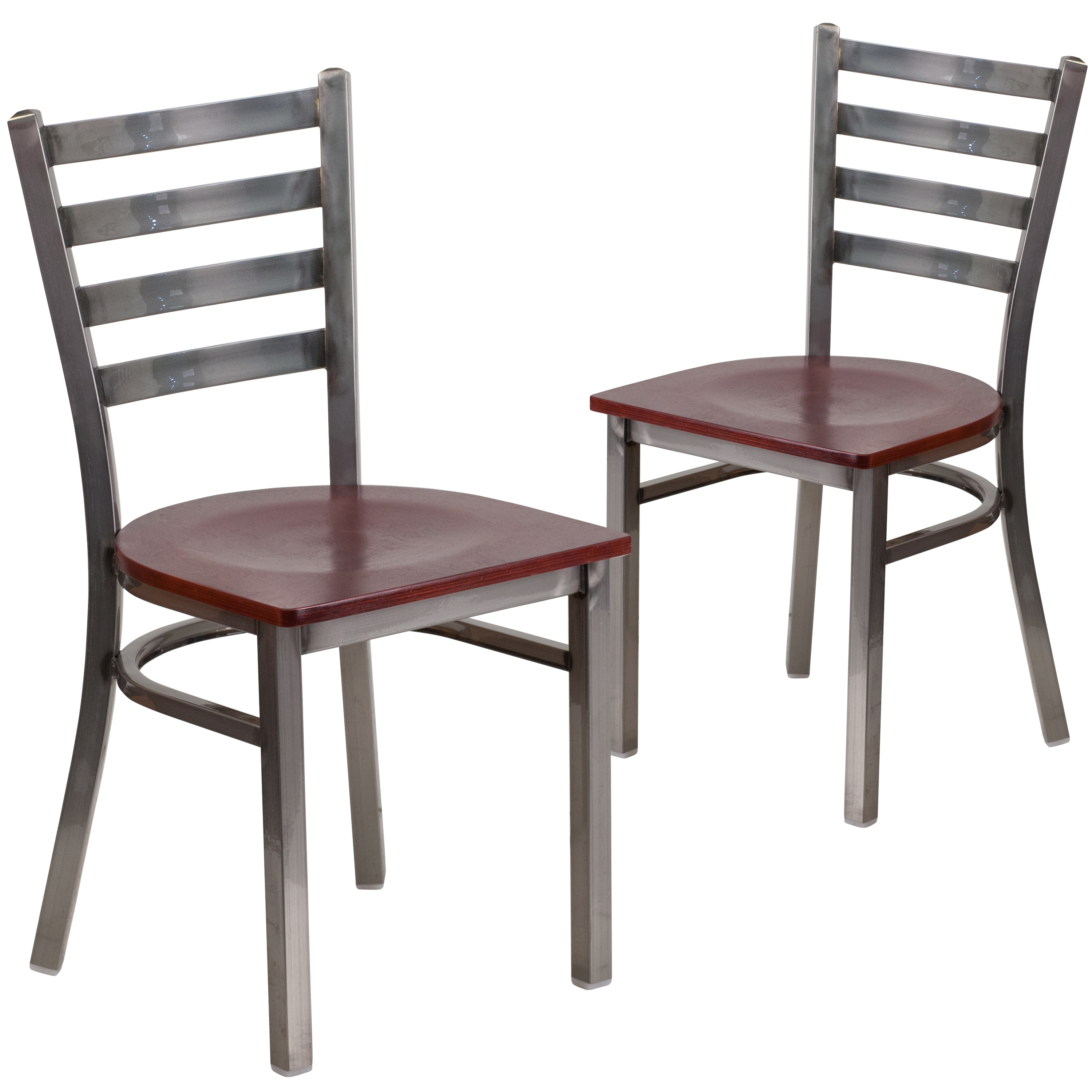 Emma + Oliver - 2 Pack Clear Coated Ladder Back Metal Restaurant Chair - Mahogany Wood Seat