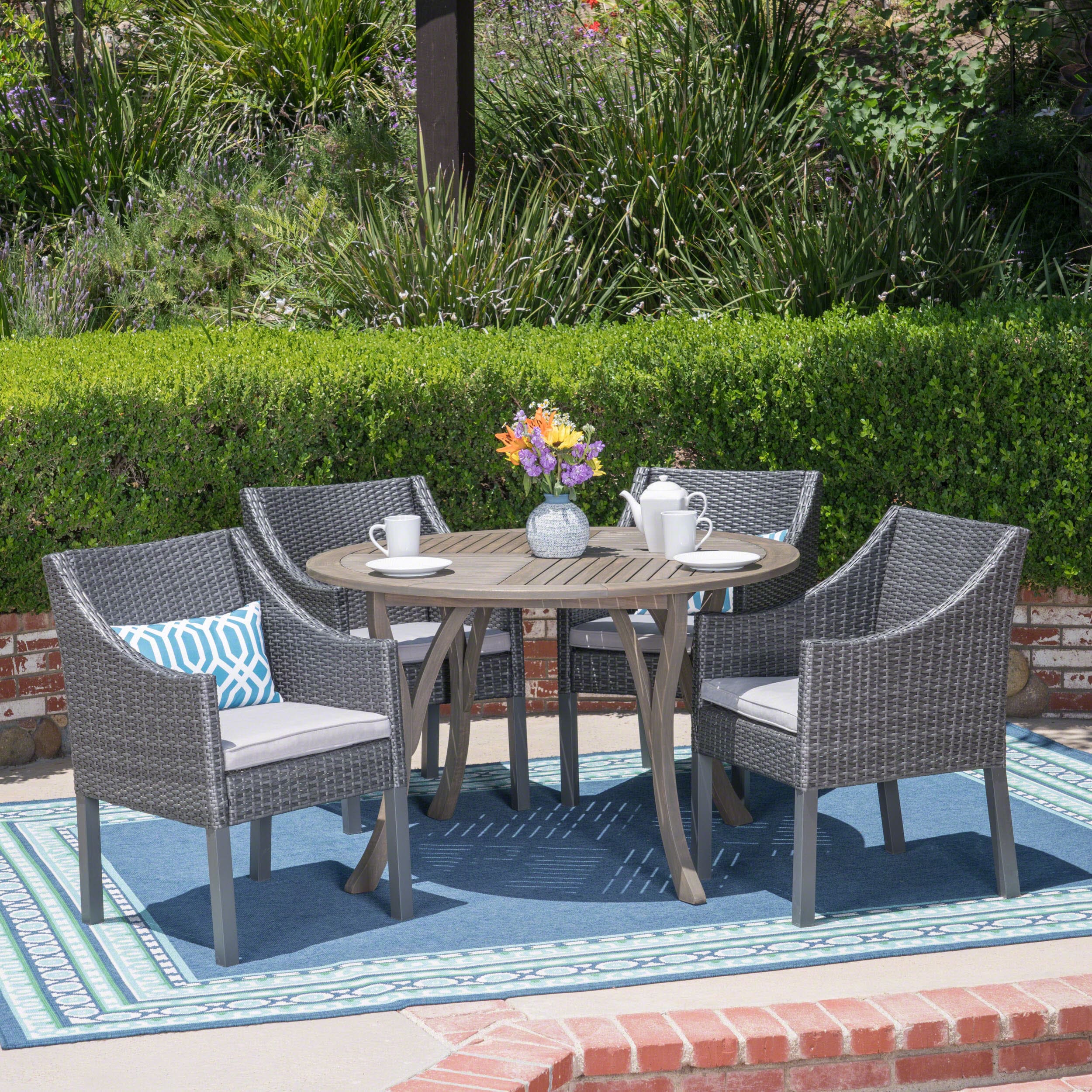 Christopher Knight Home 305022 Kingston Outdoor 5 Piece Acacia Wood and Wicker Dining Set Gray with Gray Chairs
