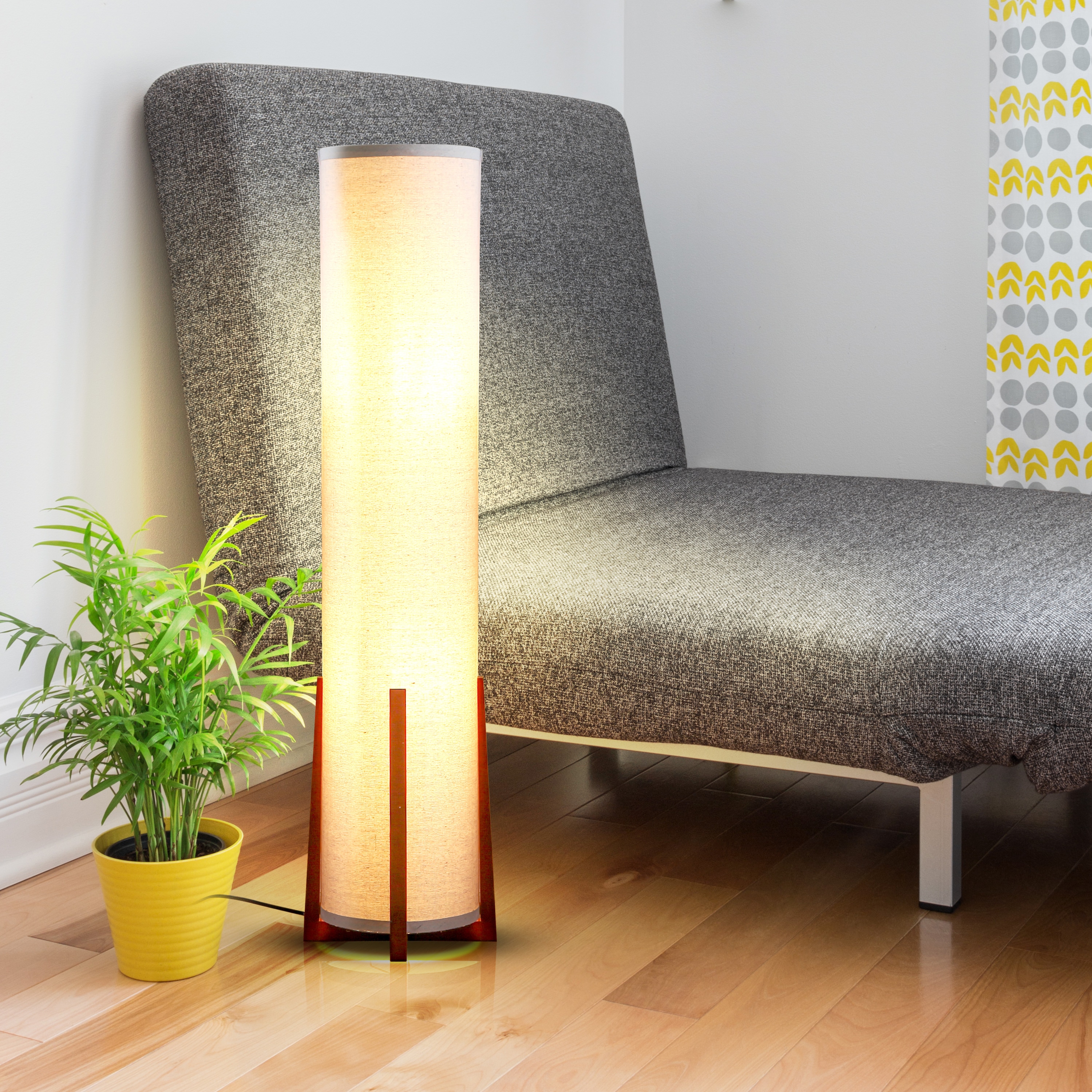 48-Inch White Linen and Wood Floor Lamp with LED