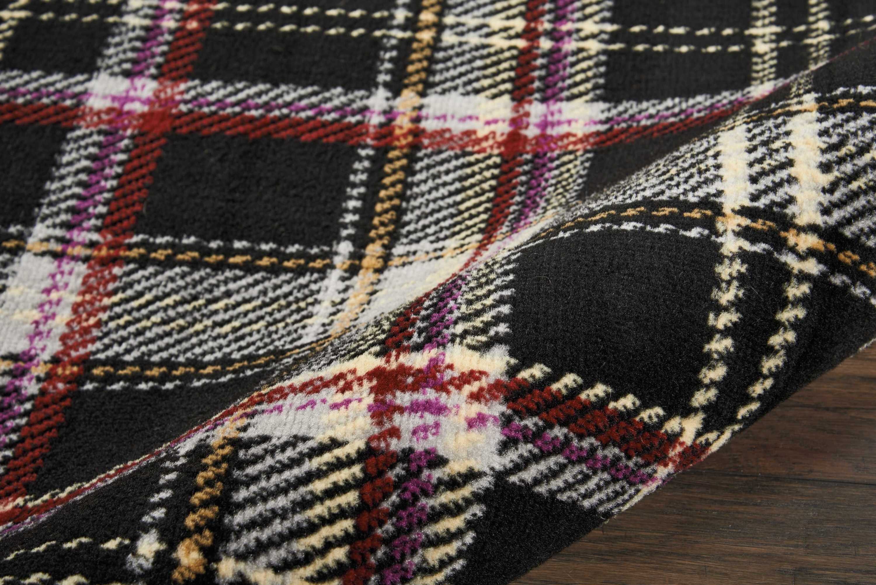 Hand-Knotted Black Plaid 8' x 10' Synthetic Area Rug