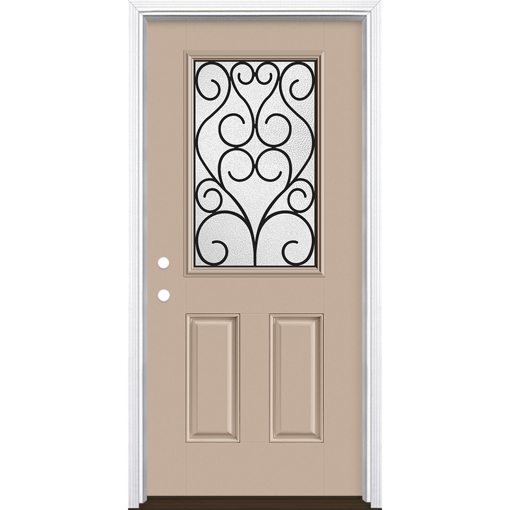 Masonite 3420860 Iron Springs 36-in x 80-in x 4-9/16-in Fiberglass Half lite Right-hand inswing Sandy Shore Painted Prehung Front Door with Brickmould Insulating core