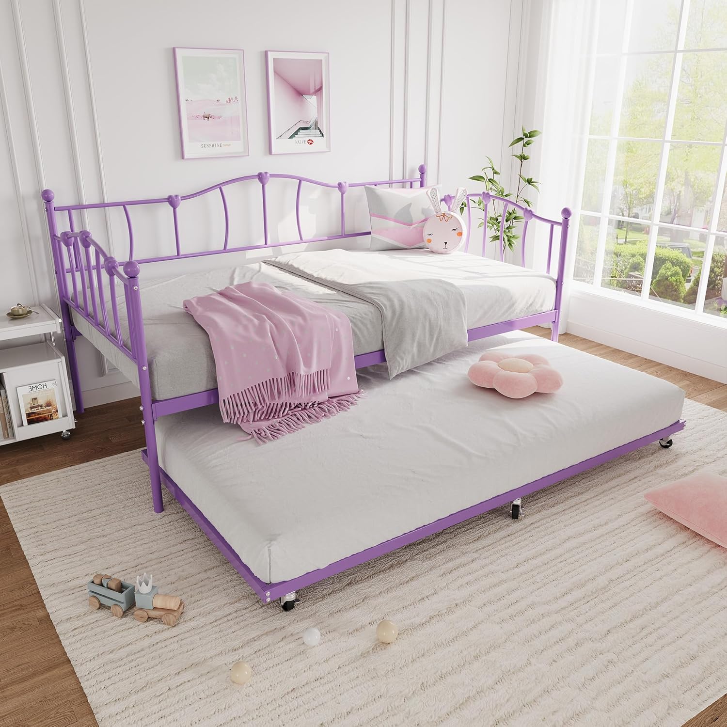 Qeetex DHZ-PHO-16JGGMPM Metal Twin Daybed With Trundle Bed Twin Size Day Bed With Pullout Trundle and Headboard Metal Sofa Bed Frame With Steel Slat Support for Living Room Bedroom No Box Spring Needed Purple