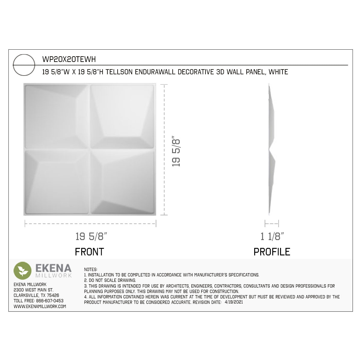 Ekena Millwork WP20X20TEWH-CASE-50 Wall-Panels - View #2