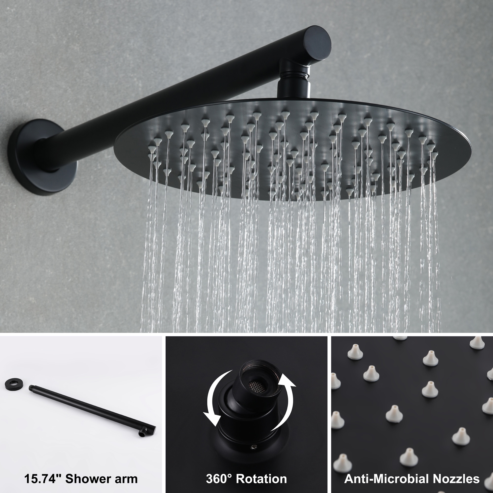 WELLFOR 16-in Ceiling Mounted Shower System Matte Black Built-In Shower  Faucet System with 2-way Diverter Valve Included