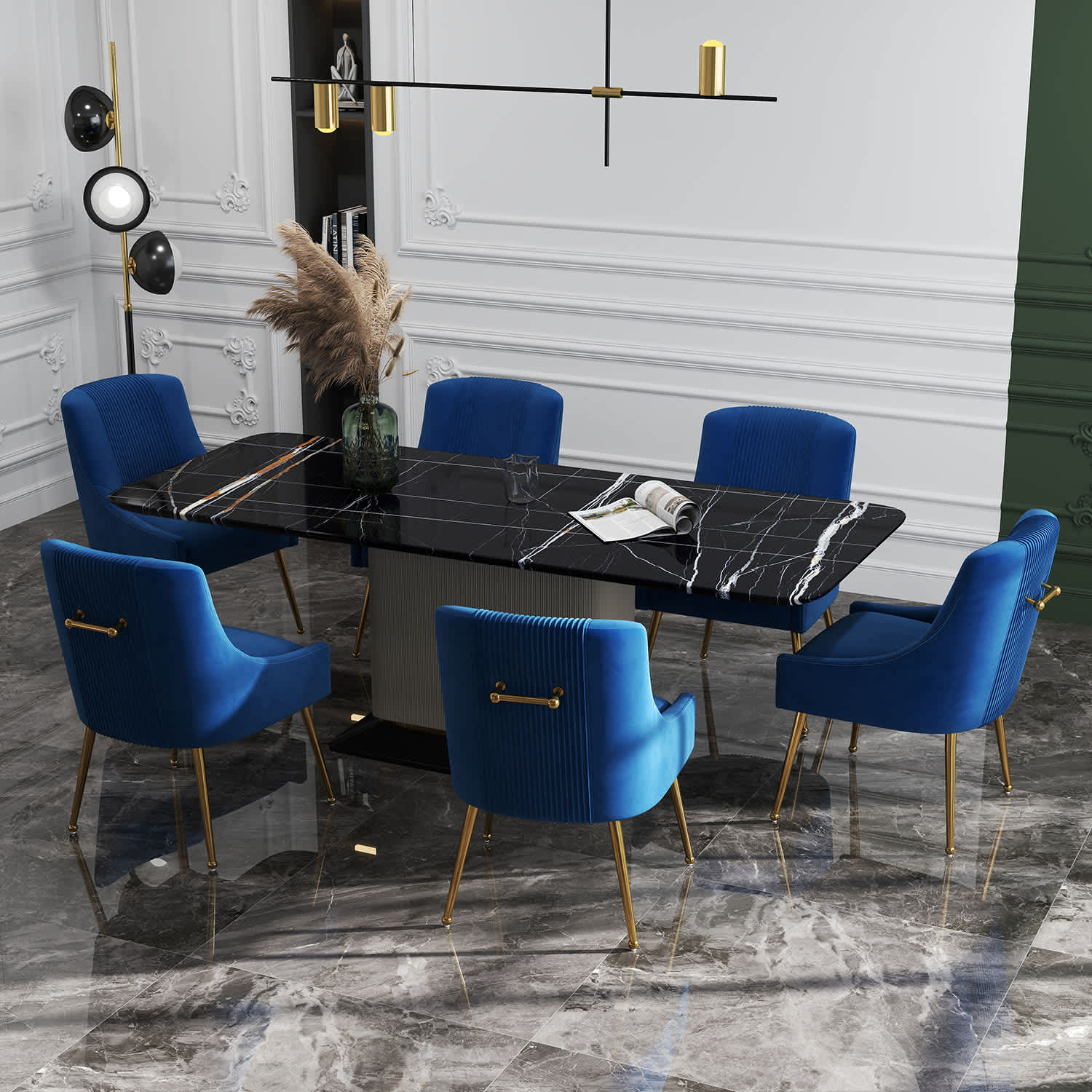 SEYNAR XY642-NAVY-S6 Modern Glam Boucle Pleated Velvet Dining Chair or Vanity Chair Set of 6 with Rear Handle