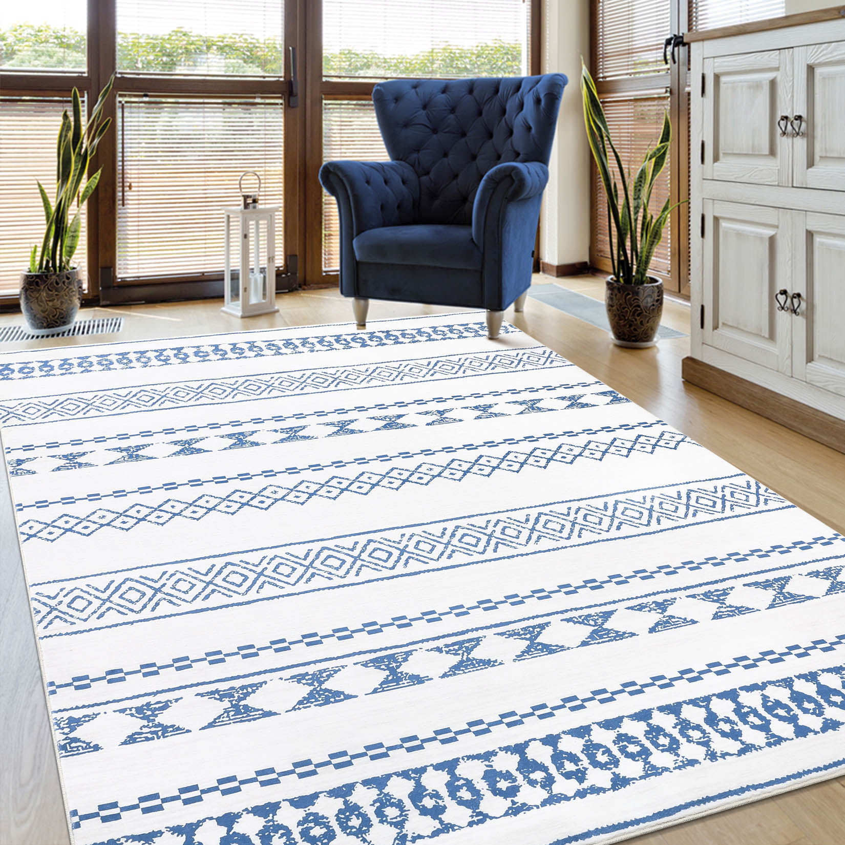 Garvee YXY-LO-PHO-0YV9A494 9 x 12 (ft) Loomed Polyester Blue Rectangular Indoor Geometric Moroccan Machine washable Area rug