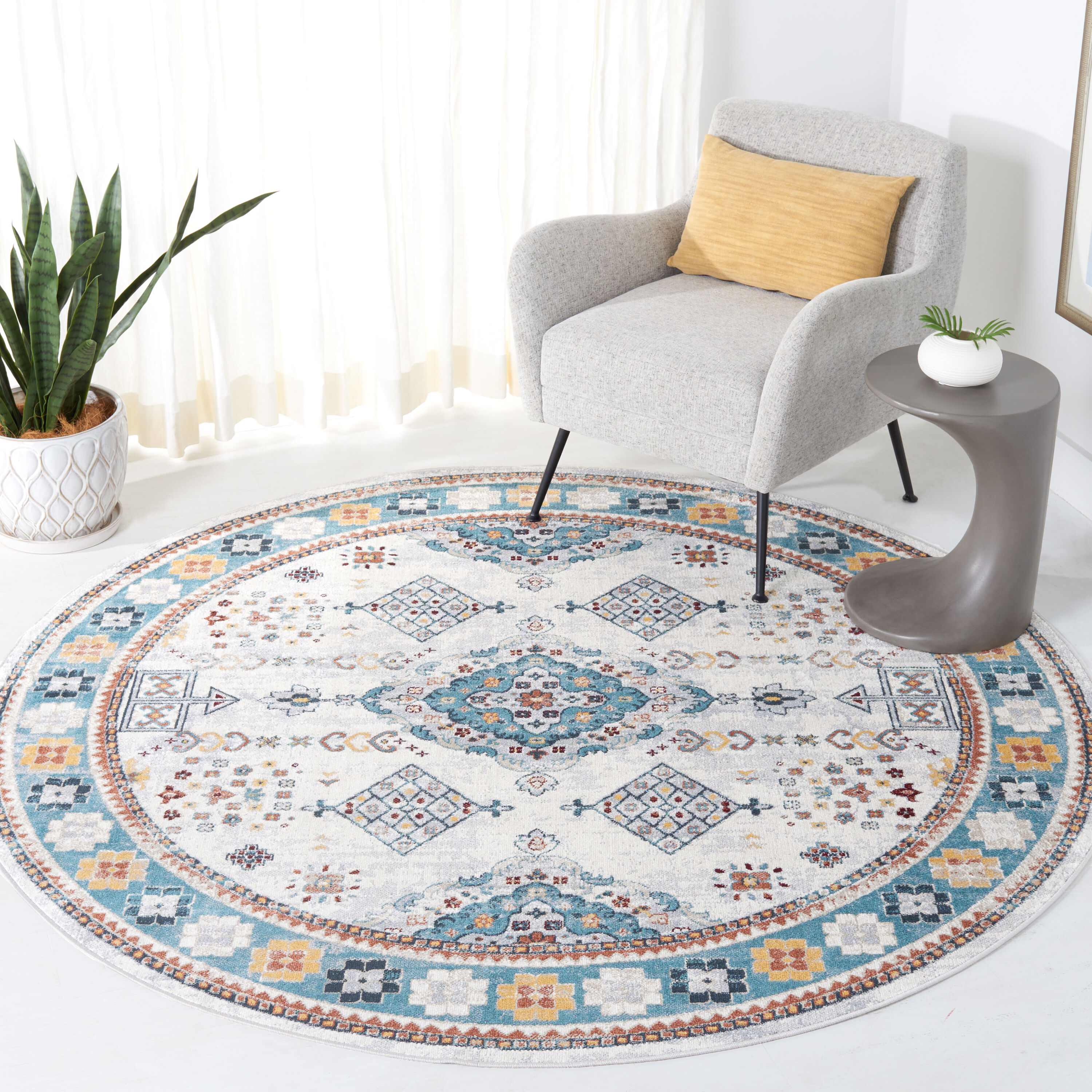 Safavieh BAY106G-7R Bayside 7 x 7 (ft) Polyester Gray/Blue Round Indoor Border Machine washable Area rug