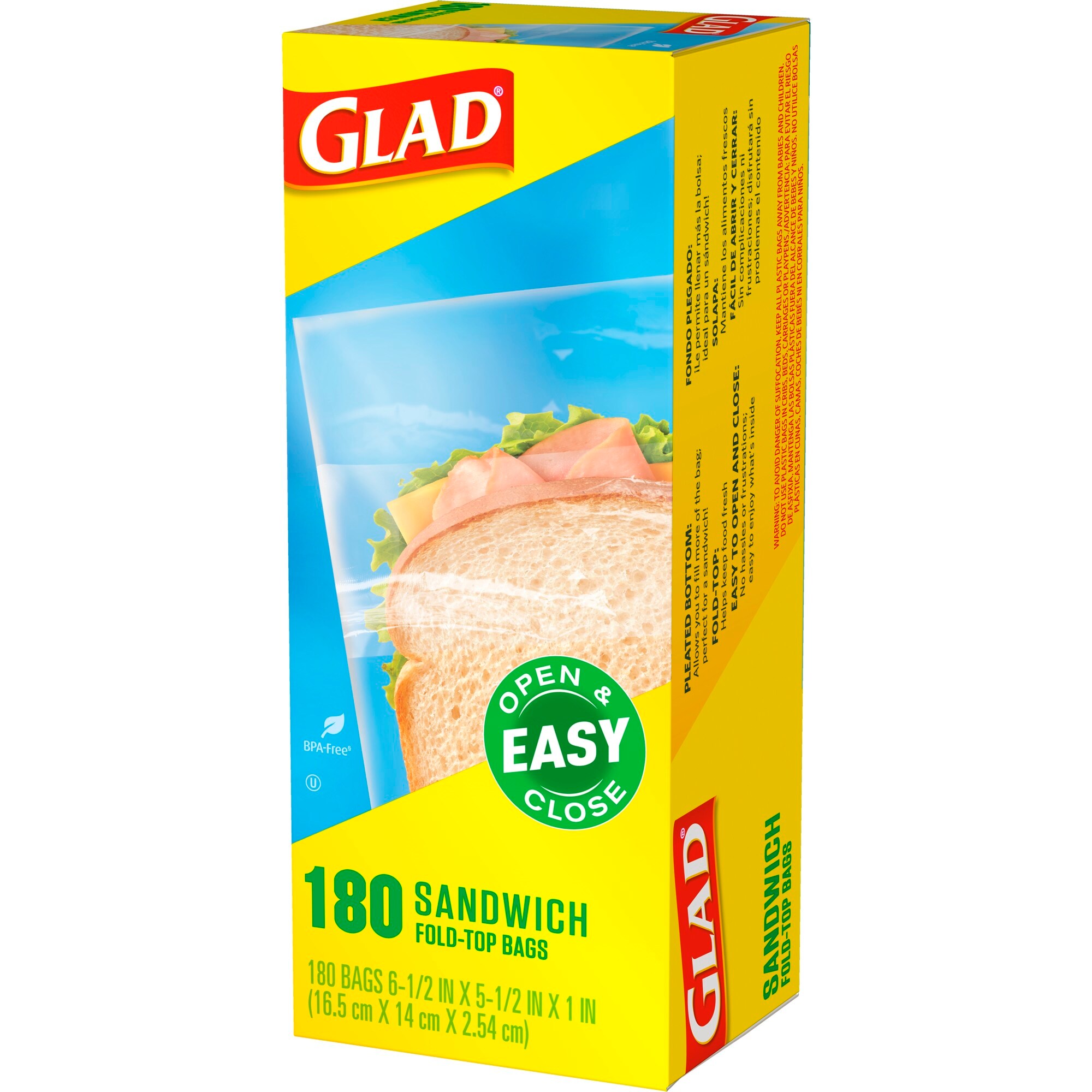 Glad Fold Top Food Storage Sandwich Bags, 180 Count 