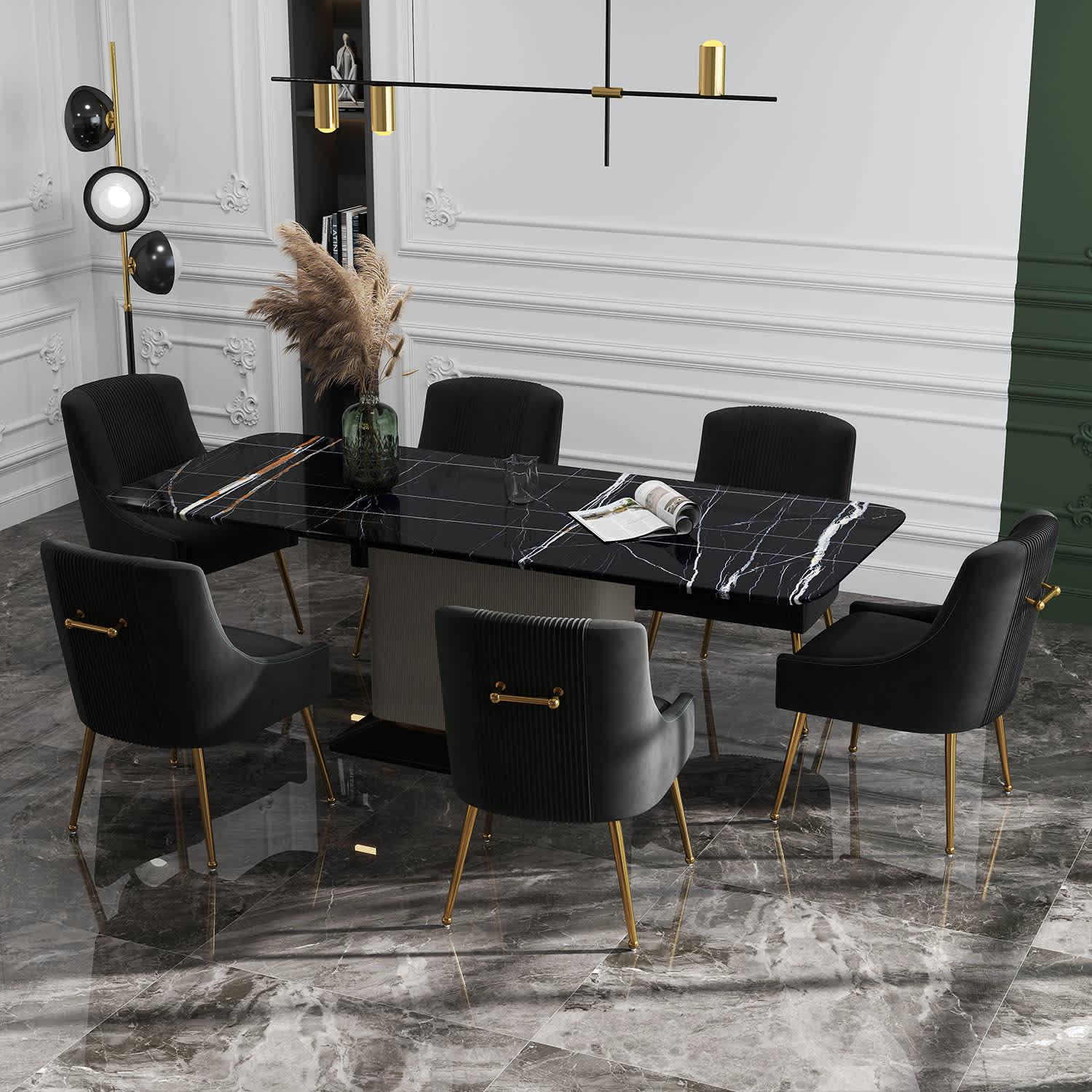 SEYNAR XY642-BLACK-S6 Modern Glam Boucle Pleated Velvet Dining Chair or Vanity Chair Set of 6 with Rear Handle