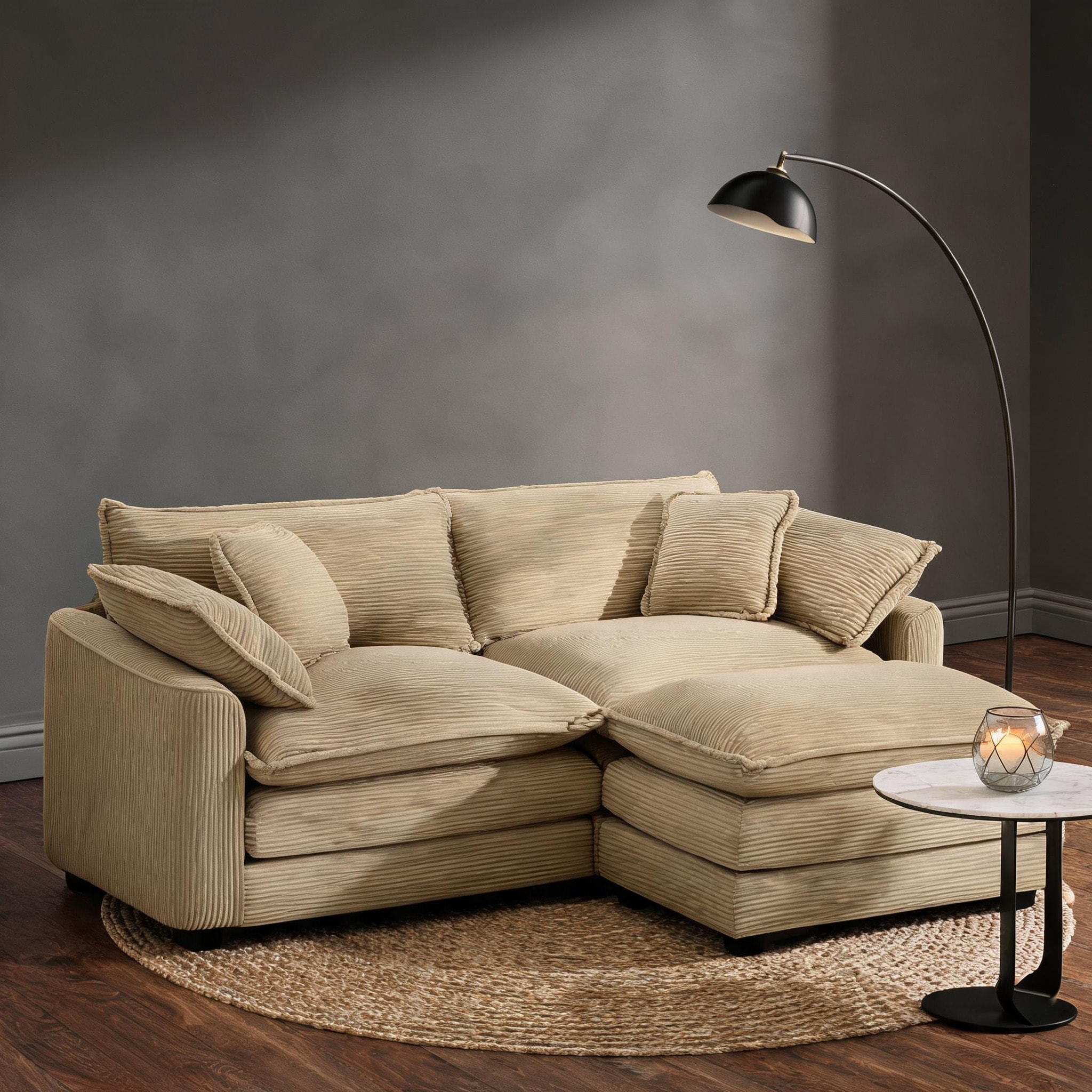 SUNCREAT L-Shaped Corduroy Two-Seater Sofa with Ottoman Tan Compact ...