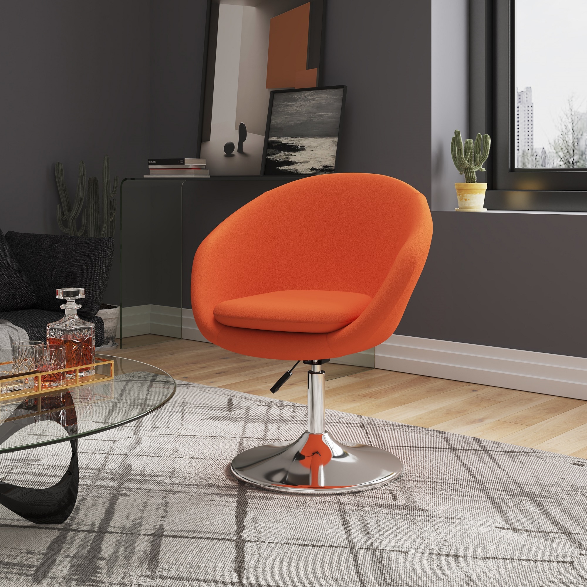 Manhattan Comfort 2-AC036-OR 2 Modern Orange and Polished Chrome Wool Swivel Accent Chair