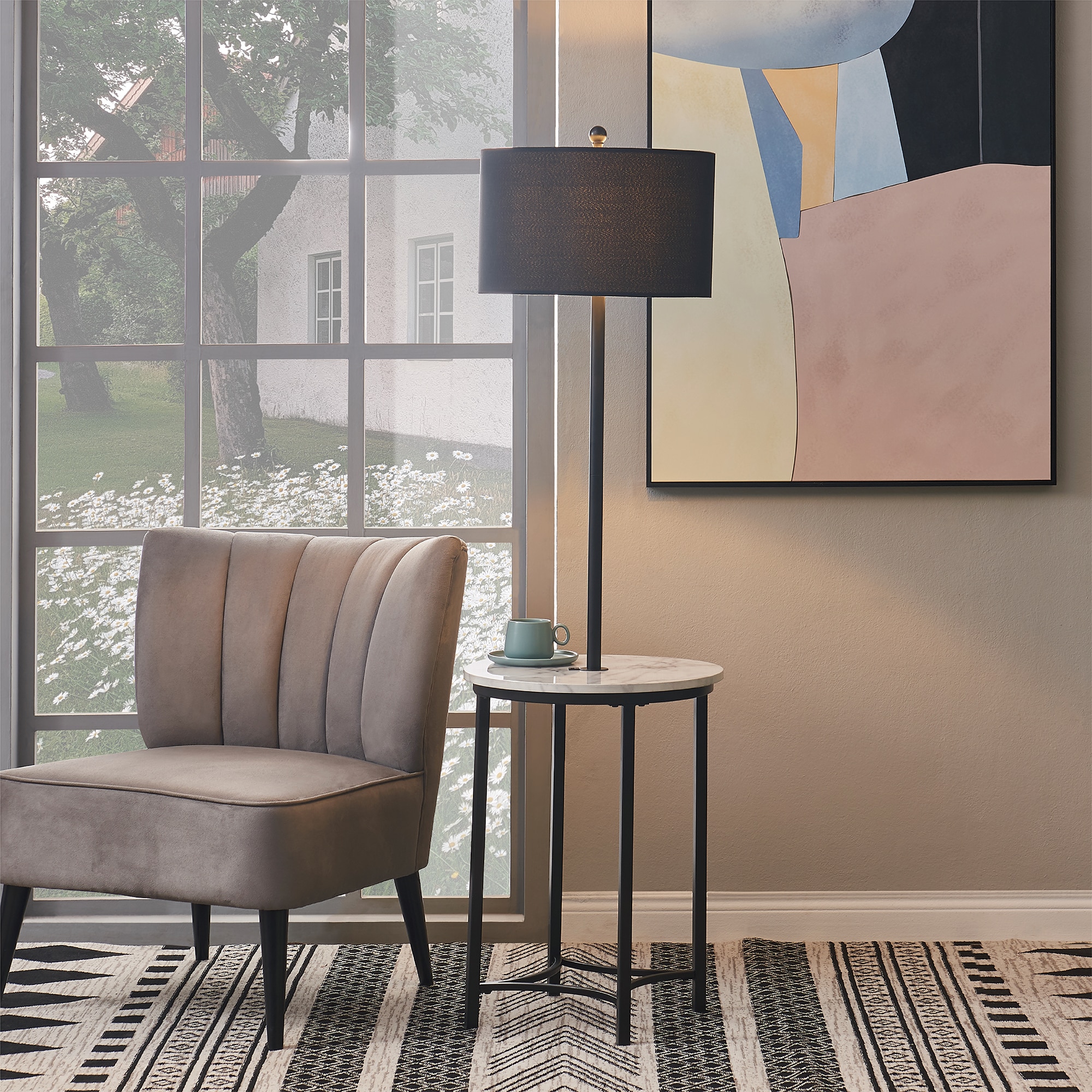 Black Metal Floor Lamp with Faux Marble Table and USB Port