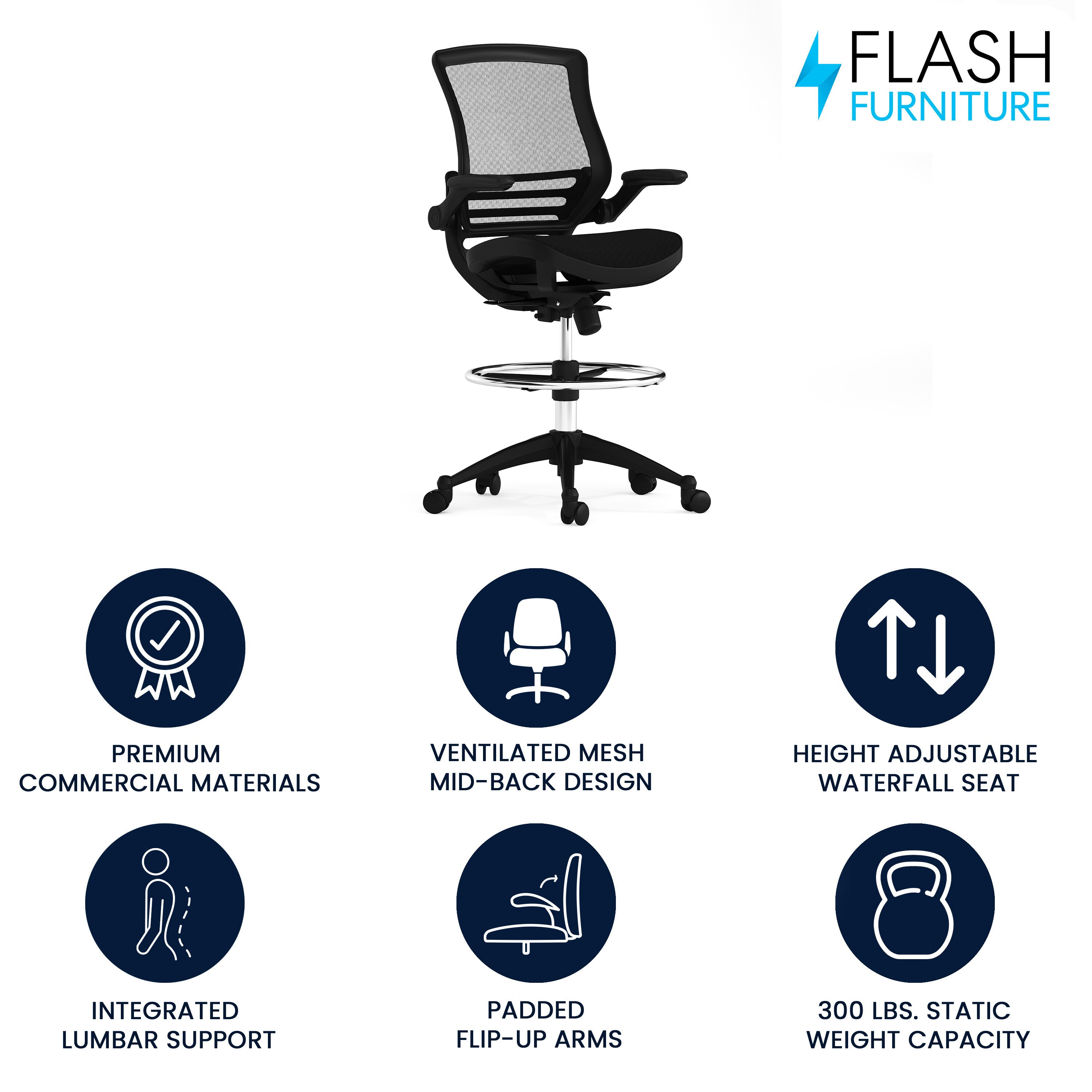 ErgoDraft Plus Black Mesh Drafting Chair with Adjustable Arms and Foot Ring