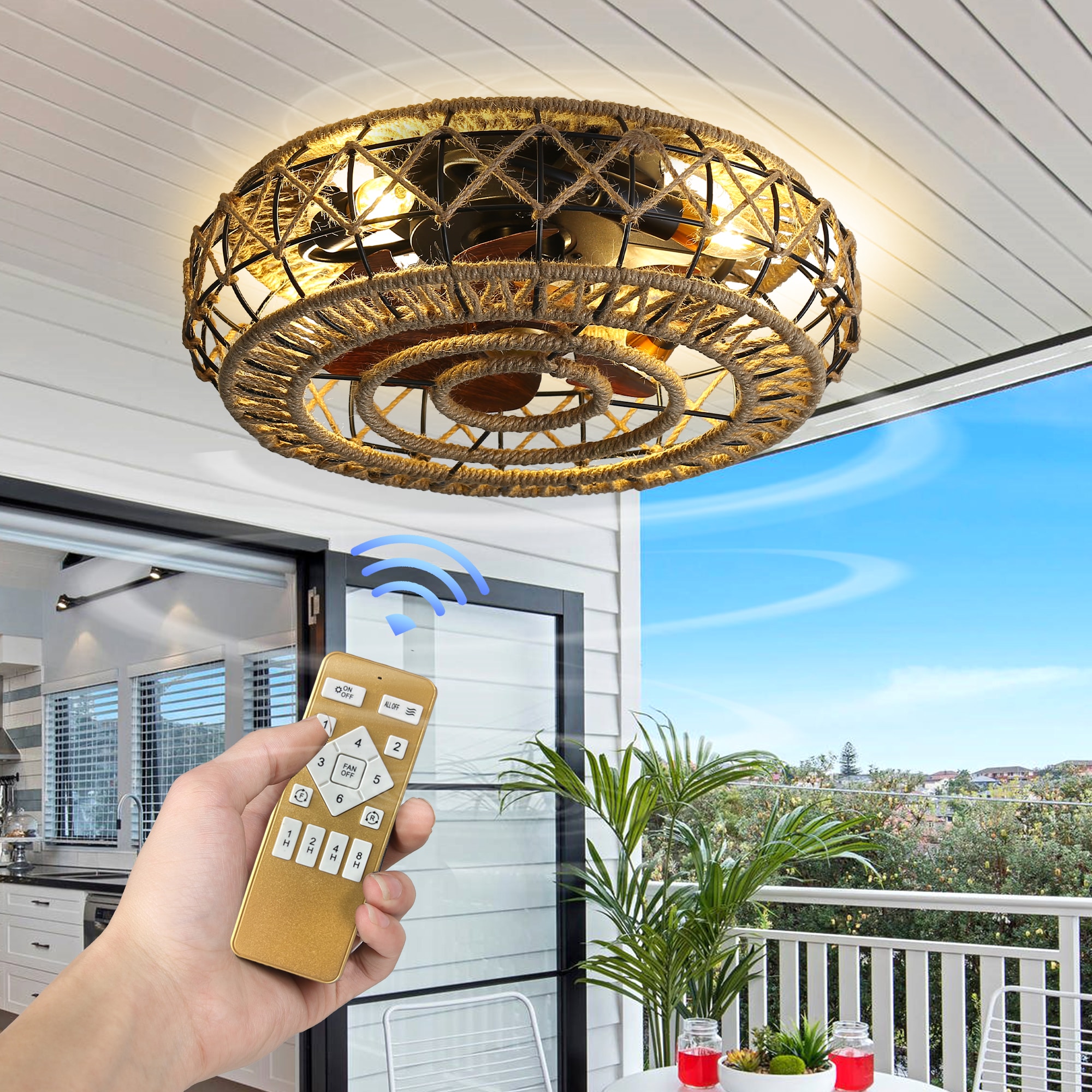 Sunrinx MG9-CF-5 18-in Outdoor Flush Mount Brown with Brown Blades Fandelier Ceiling Fan With Light - Remote Included ( 7 -Blade )