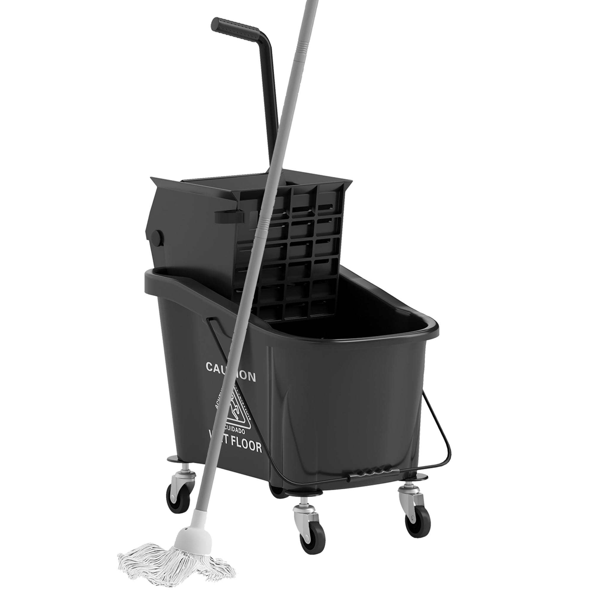 HomCom 720-029V00BK Mop Bucket with Wringer on Wheels for Floor Cleaning 38 Quart Down Press Wringer with Handle and Mop Black