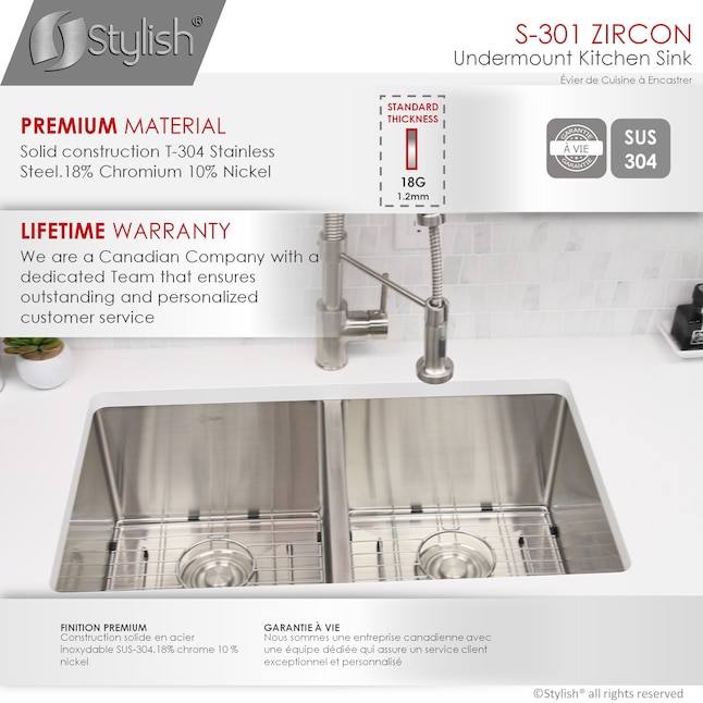 Stylish Styluxe Undermount 32-in x 18-in Brushed Satin Stainless Steel ...
