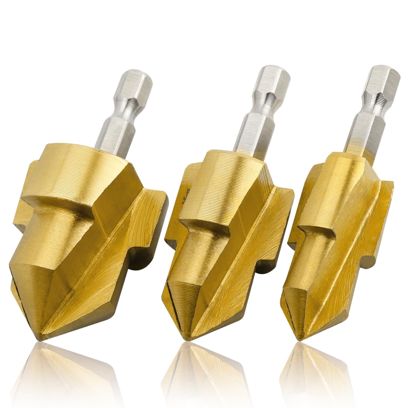 CYIKE PPR Lifting Step Drill Bits Set 3 Pieces Titanium Coated Pipe Reamer Drill Bit Set for 1/2 in 3/4 in 1 in Water Pipes with 1/4 in Hex #LCY0814E019