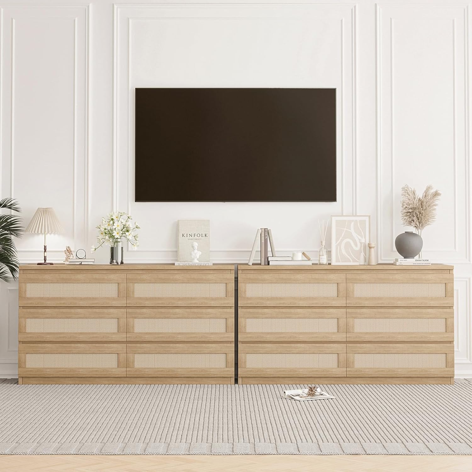 Qeetex GDGPHO13ADJOQM Natural Multi Purpose Wood Dresser with Six Drawers Rattan Fronts and Smooth Operation for Bedroom Living Room Entryway and Tv Stand