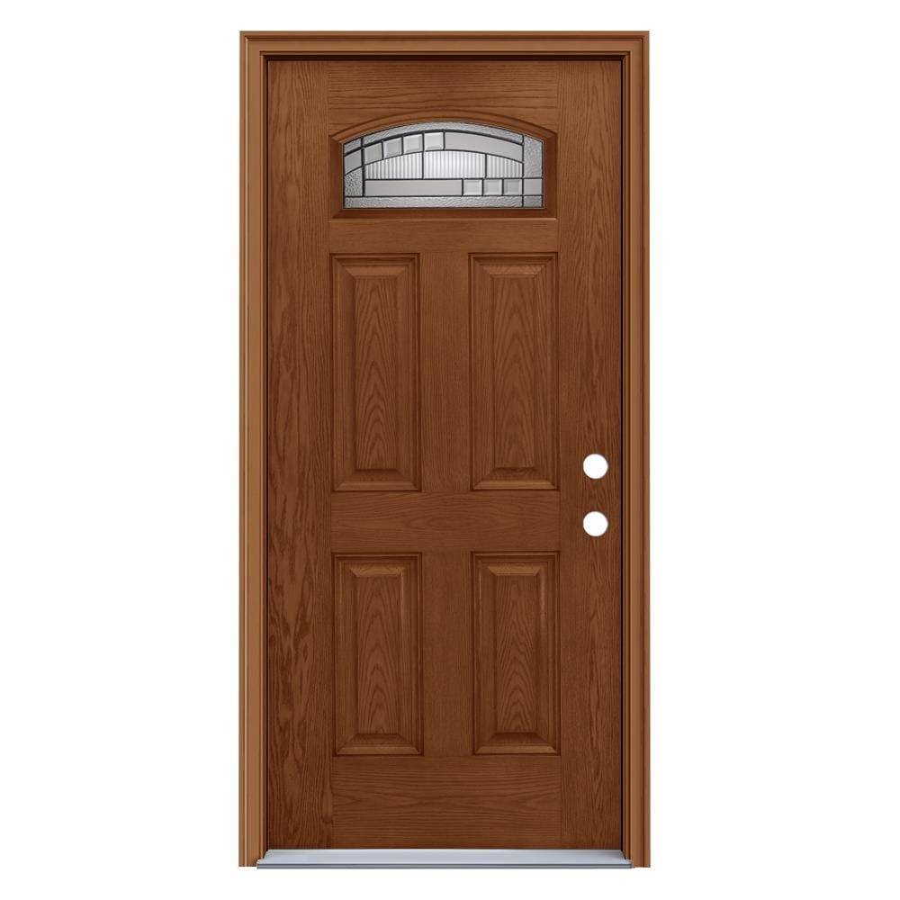 JELD-WEN LOWOLJW232300012 36-in x 80-in x 4-9/16-in Fiberglass 1/4 lite Left-hand inswing Hazelnut Stained Prehung Front Door with Brickmould Insulating core