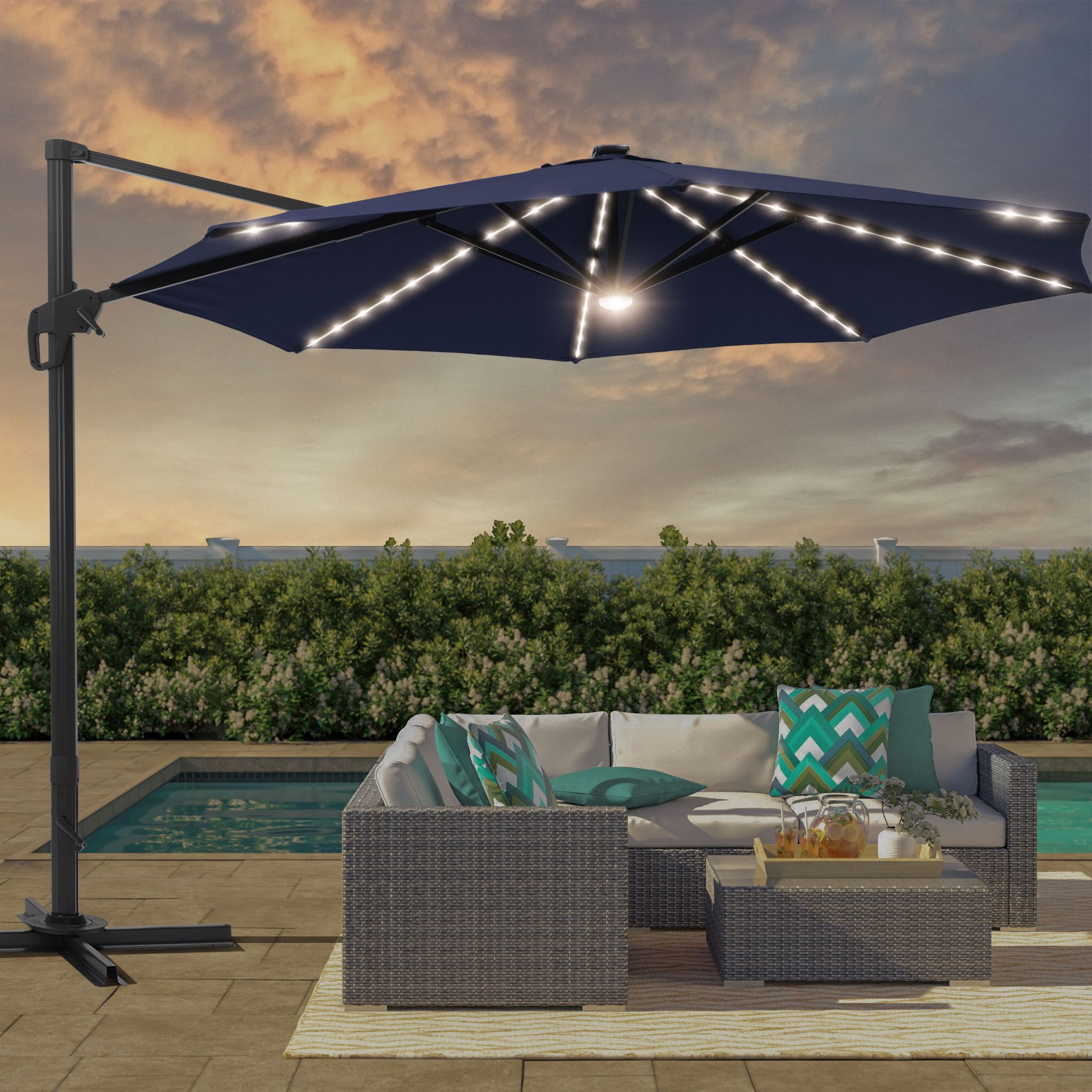 Sonkuki SD-132BL-LED 11-ft Aluminum Blue No-tilt Cantilever Patio Umbrella with Lights