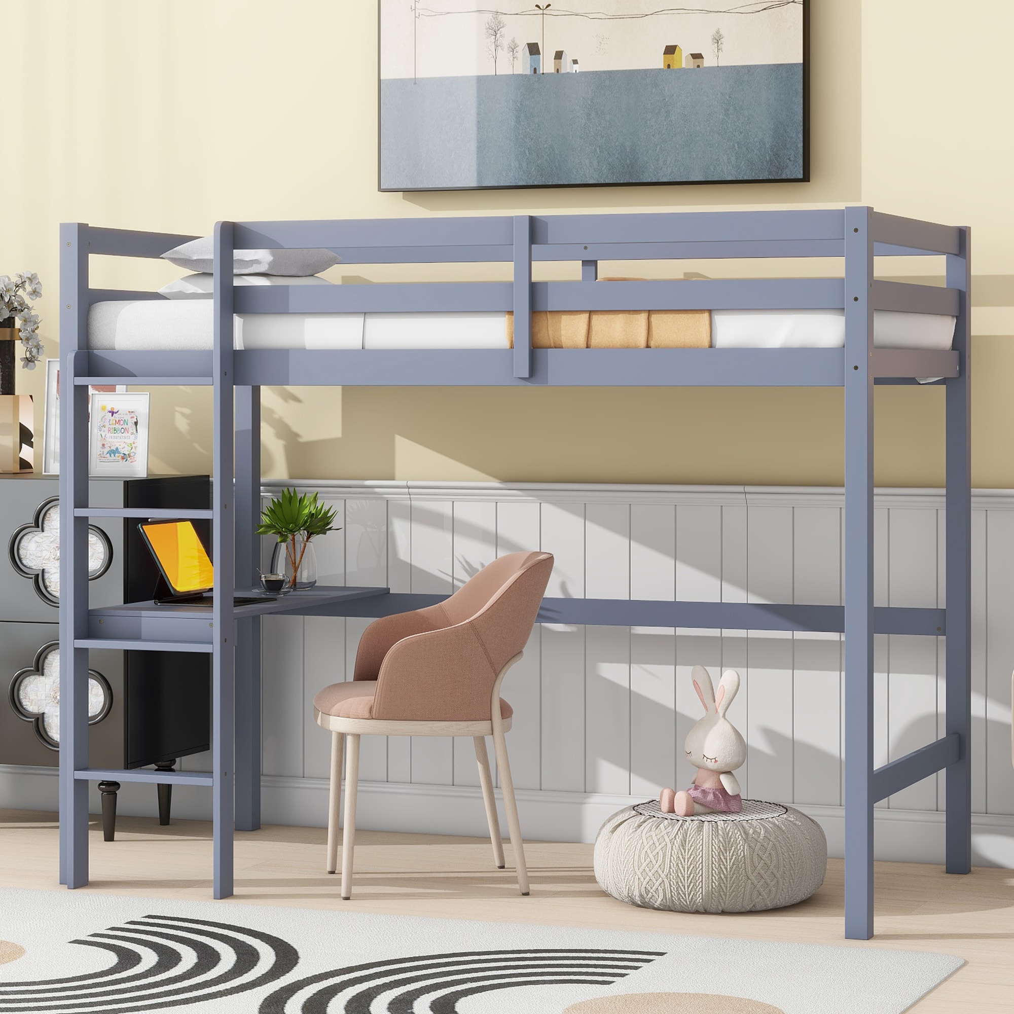 LOVMOR SF-Y-W504P206978 Twin High Loft Bed Rubber Wood  Loft Bed with Safety Guardrail built-in desk ladder Grey