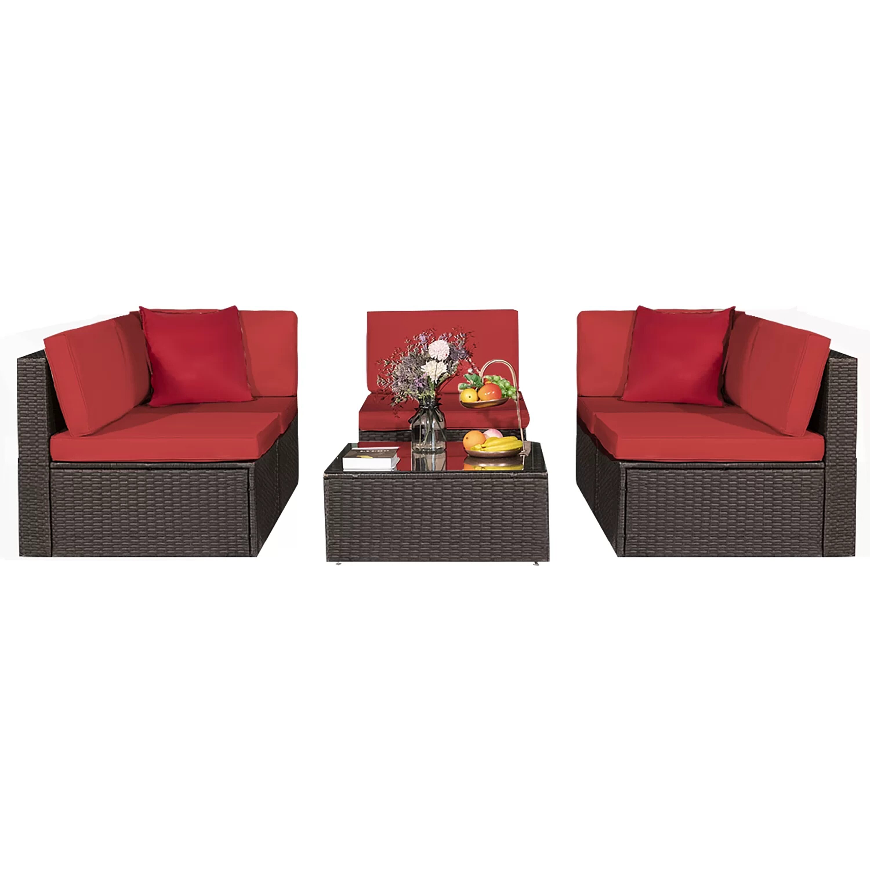 Vineego LS-TBSF2C3A1T01 6 -Piece Wicker 2 Patio Sofa Conversation Set with Red Cushions