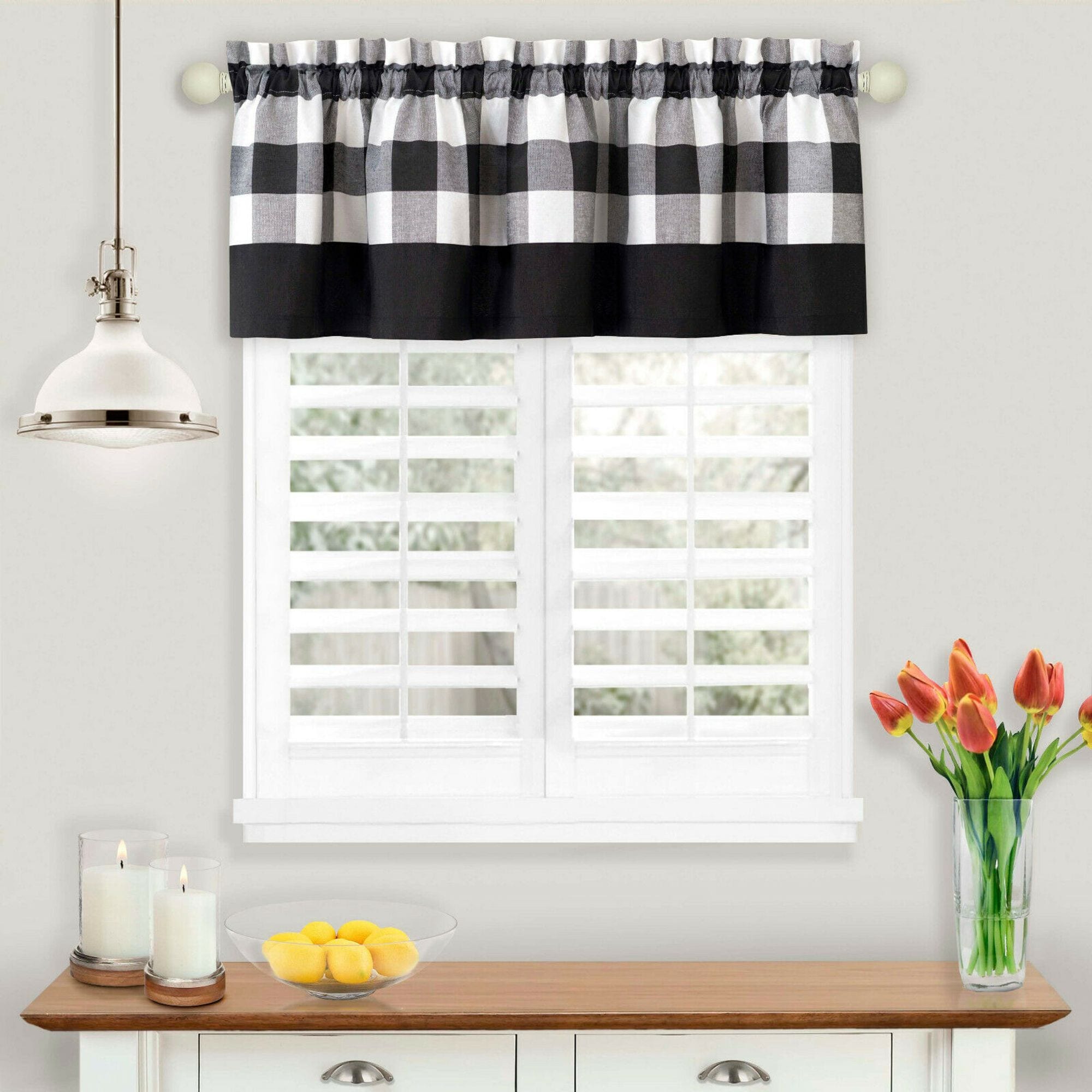 KATE AURORA Modern Farmhouse Buffalo Plaid Checkered Rod Pocket Window Valance Black