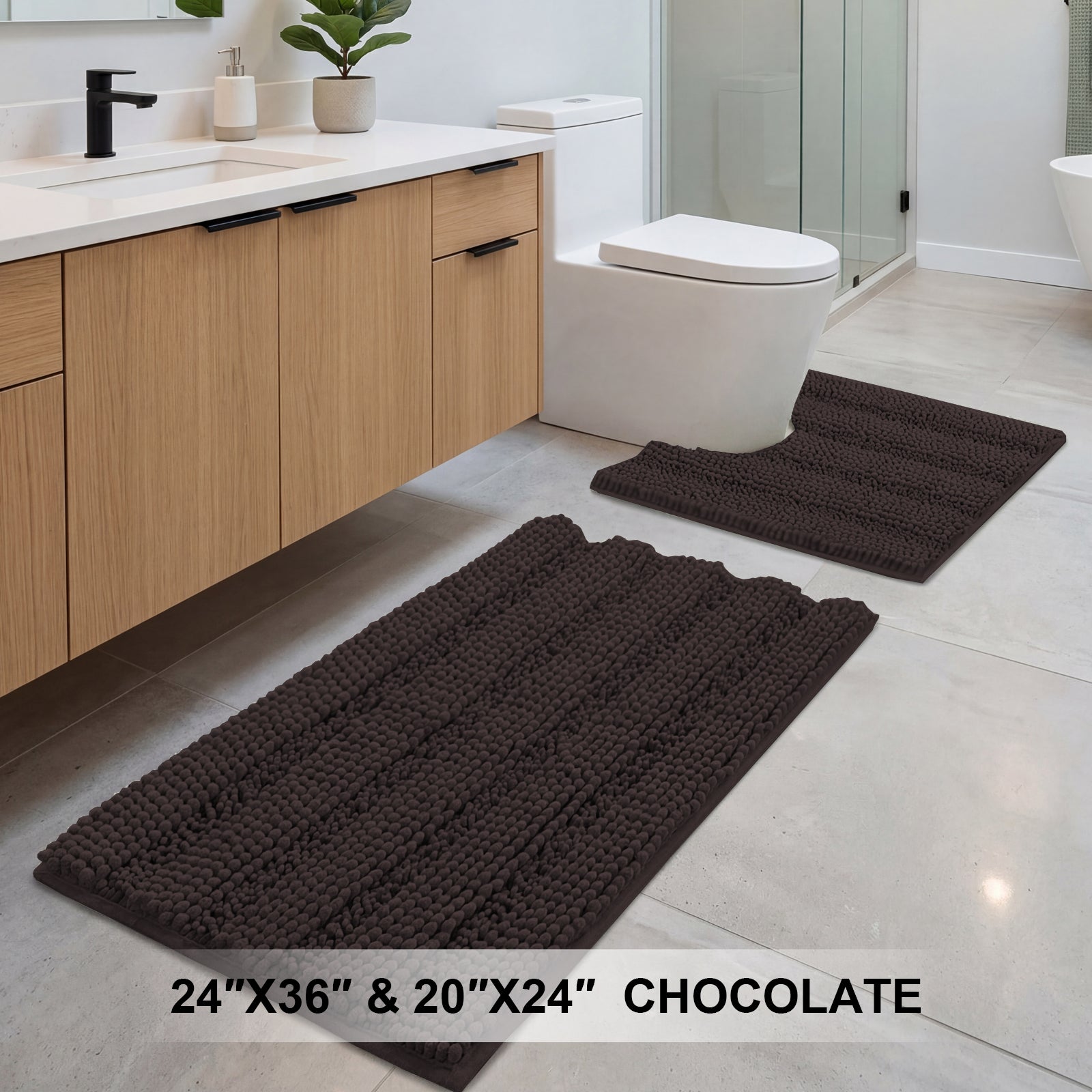 H.Versailtex  Chocolate Chenille Bath Rug Set 2Piece ExtraThick Striped Shaggy Bath Mats with NonSlip Backing 24 x 36 in